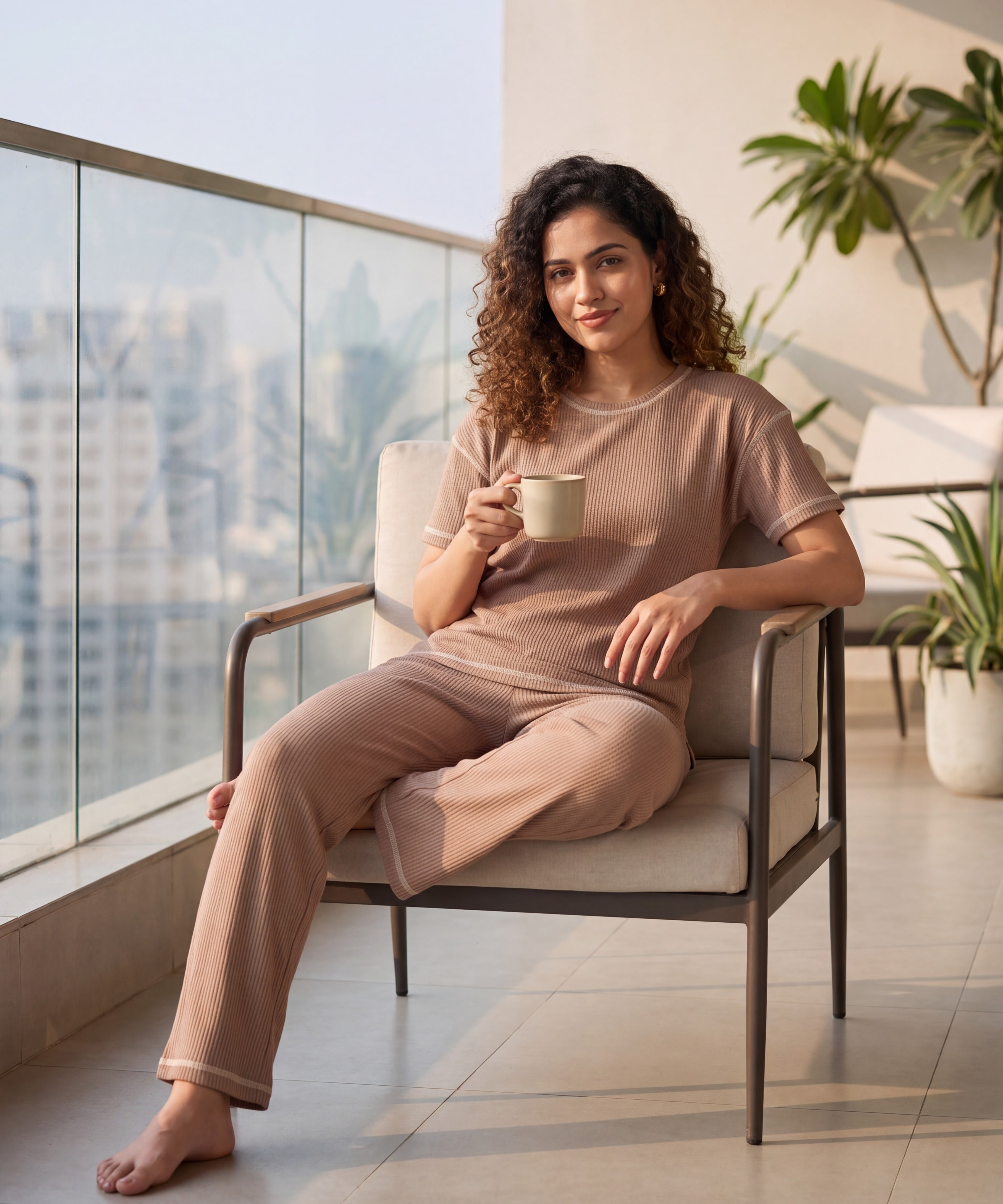 Mocha Beige Drop Shoulder Textured Loungewear Set