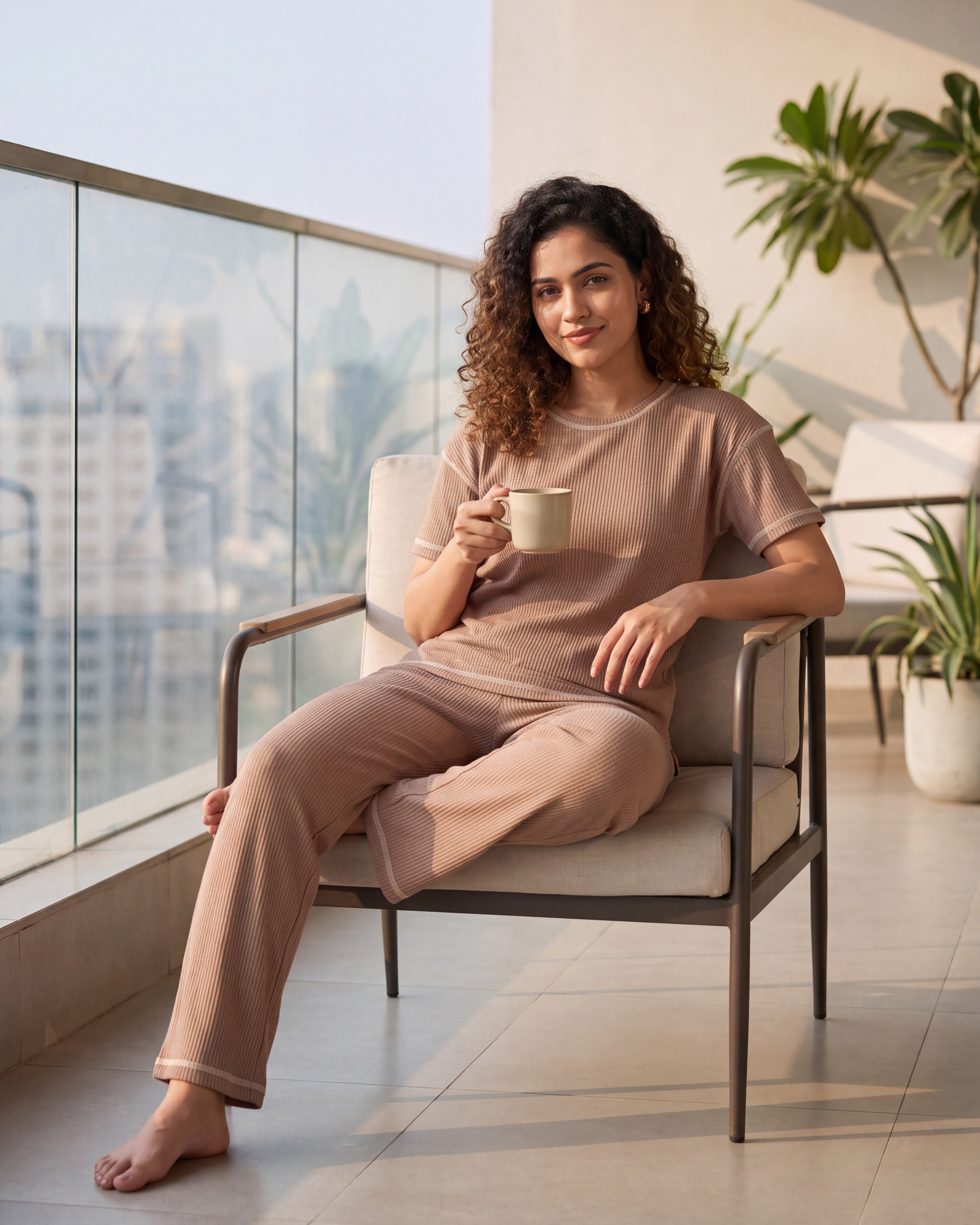 Mocha Beige Drop Shoulder Textured Loungewear Set