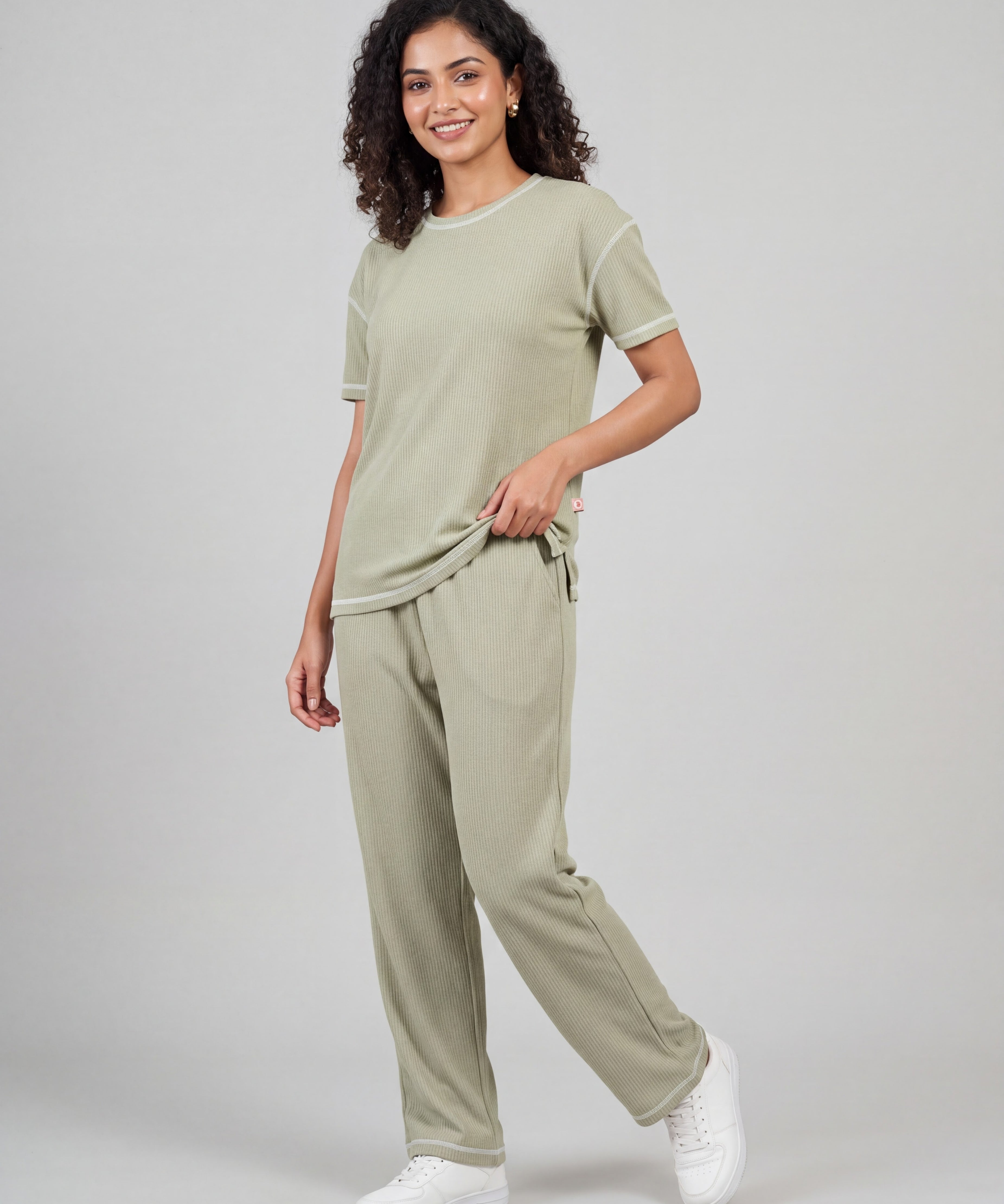 Sage Green Drop Shoulder Textured Loungewear Set