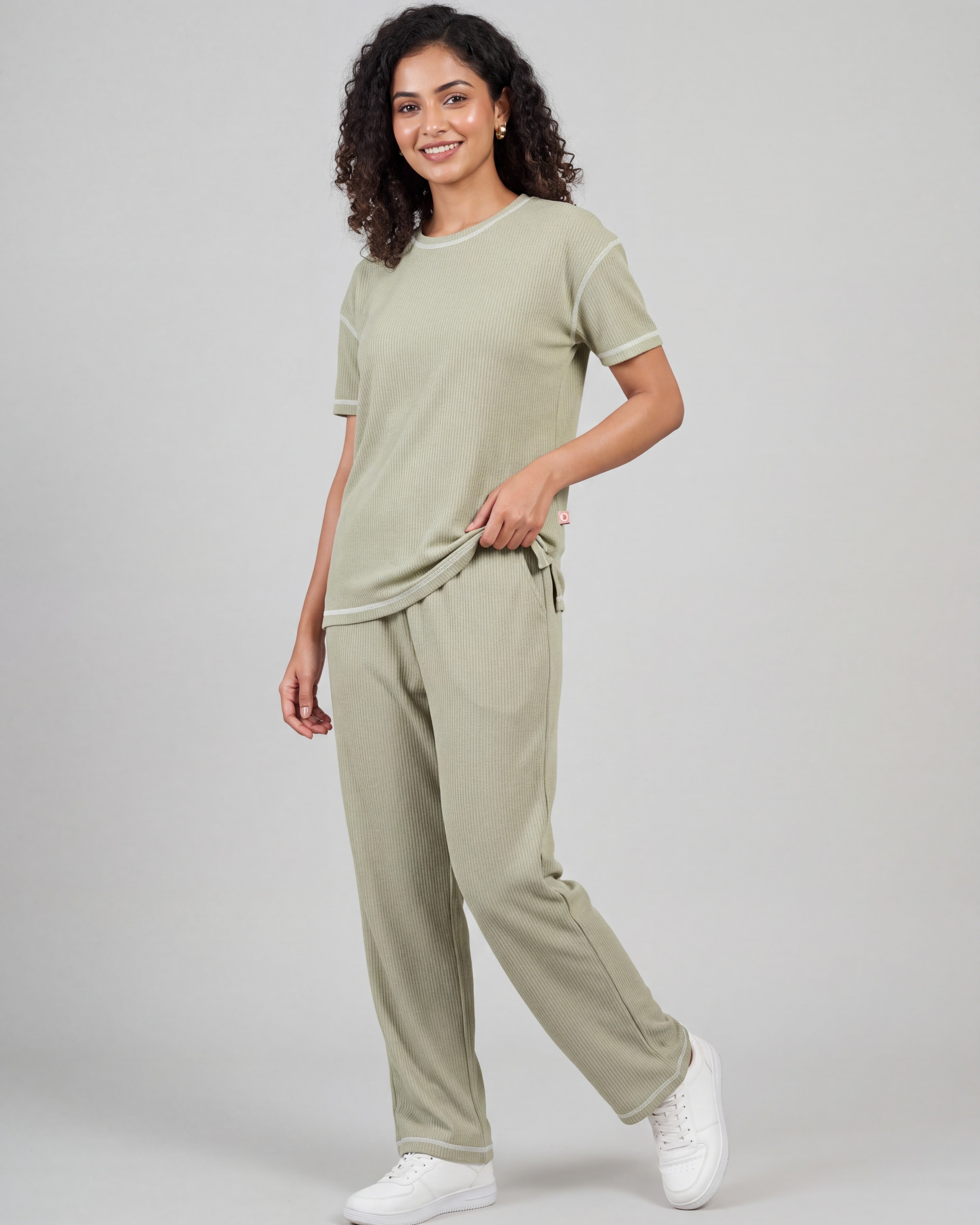 Sage Green Drop Shoulder Textured Loungewear Set