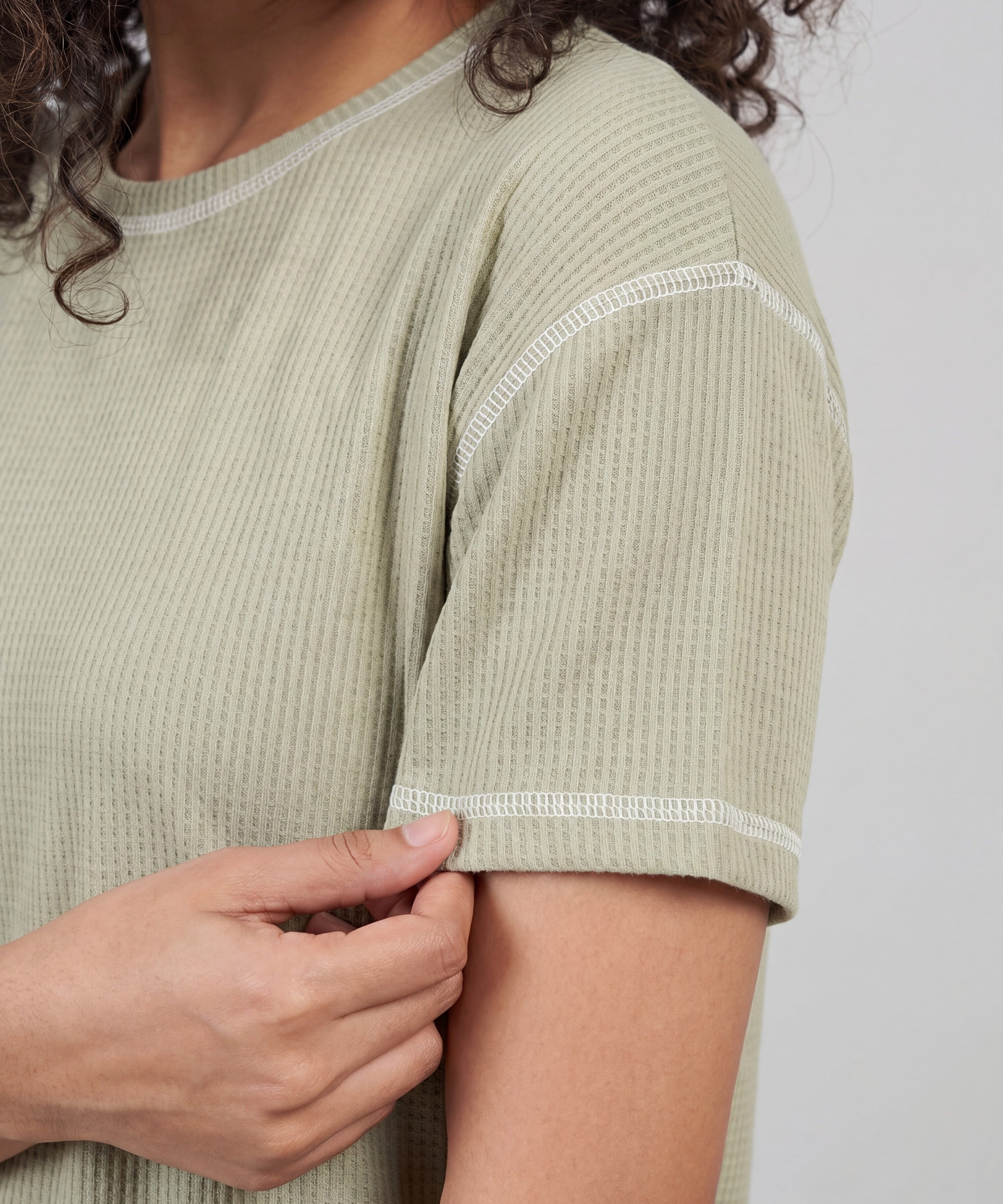 Sage Green Drop Shoulder Textured Loungewear Set