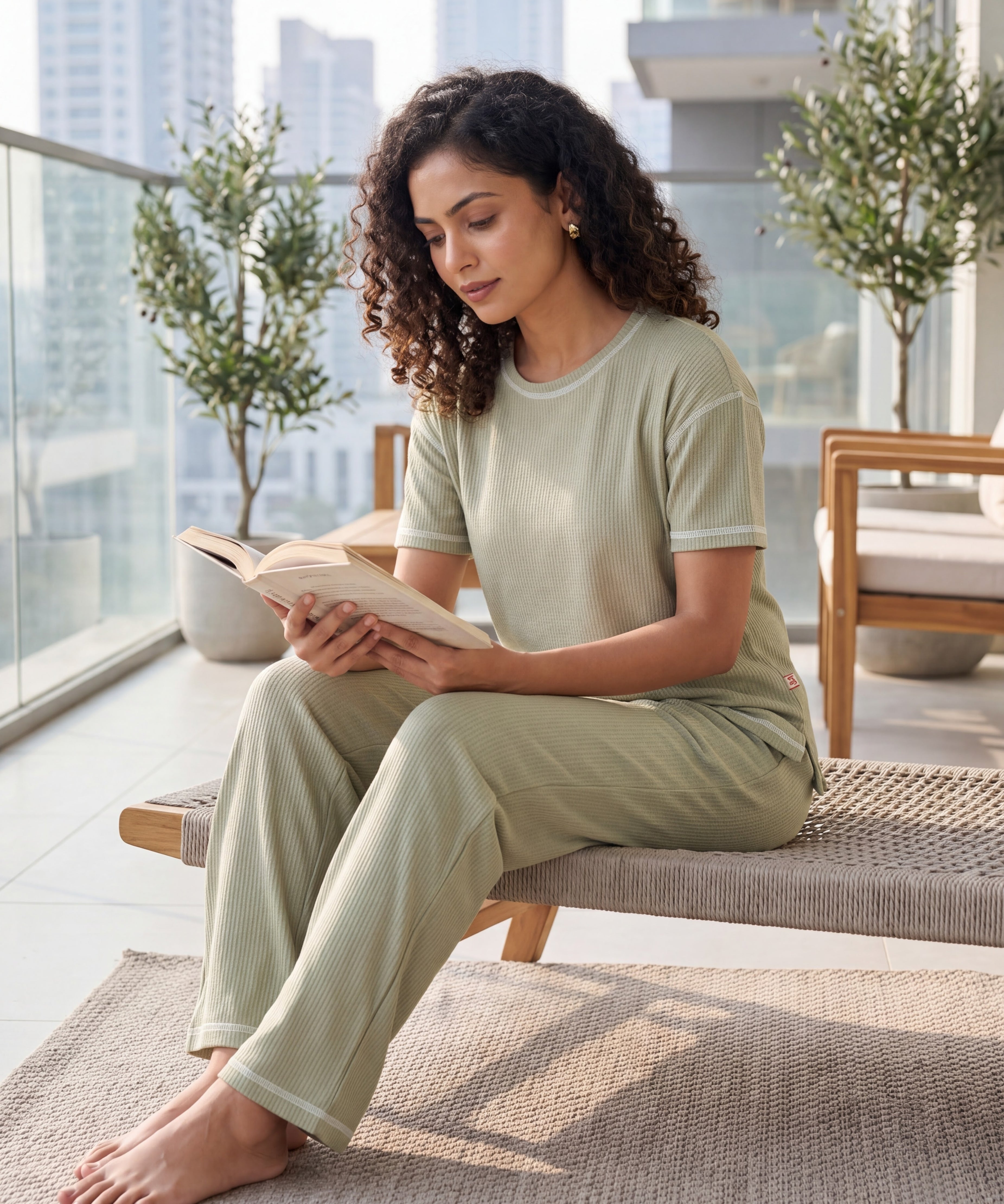Sage Green Drop Shoulder Textured Loungewear Set