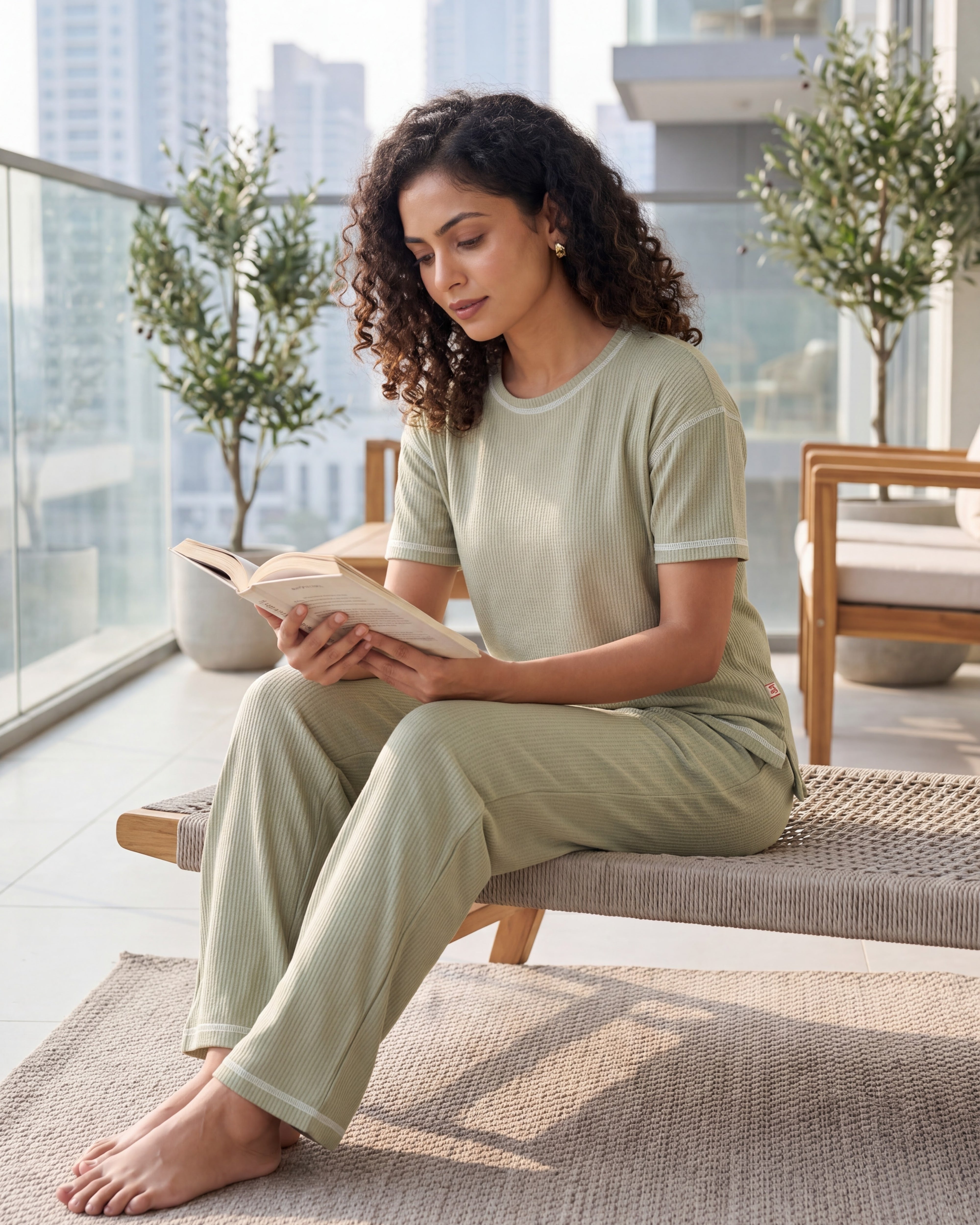 Sage Green Drop Shoulder Textured Loungewear Set
