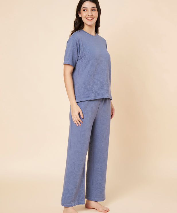 Women’s Blue Cotton Loungewear Set – Drop Shoulder Top & Full-Length Pants