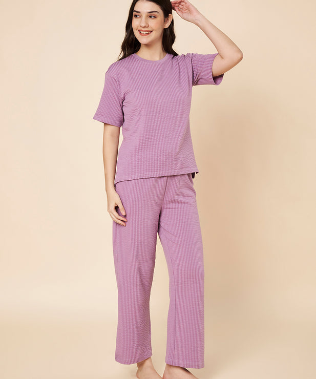 Women’s Lavender Ribbed Cotton Loungewear Set – Drop Shoulder Top & Full-Length Pants