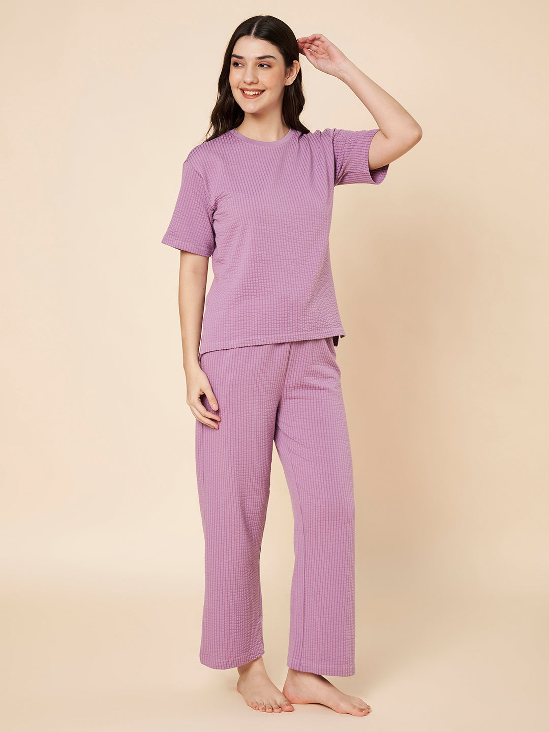 Women’s Lavender Ribbed Cotton Loungewear Set – Drop Shoulder Top & Full-Length Pants