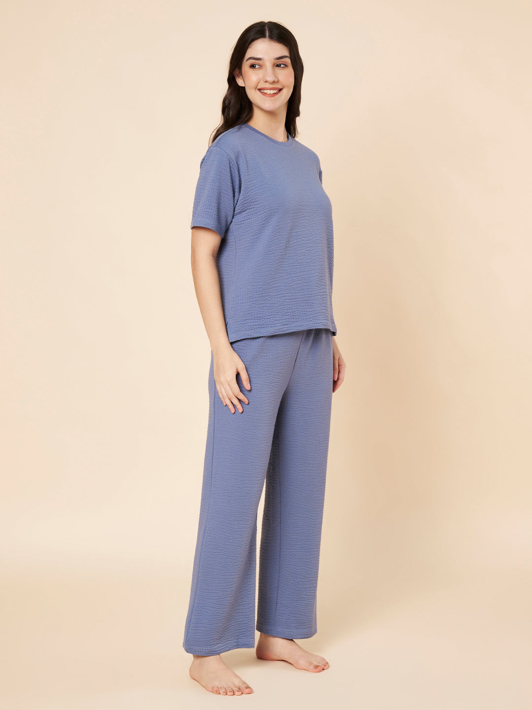 Women’s Mocha Ribbed Cotton Loungewear Set – Drop Shoulder Top & Full-Length Pants
