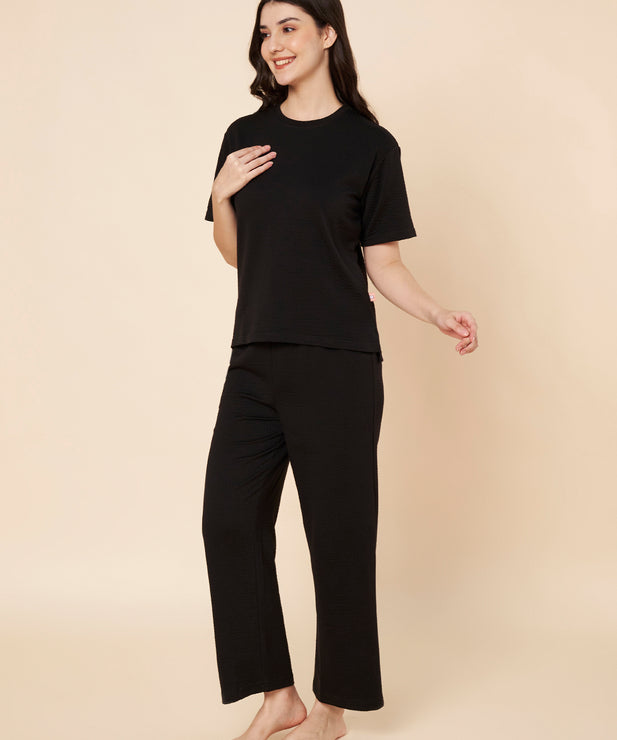 Women’s Black Cotton Loungewear Set – Drop Shoulder Top & Full-Length Pant