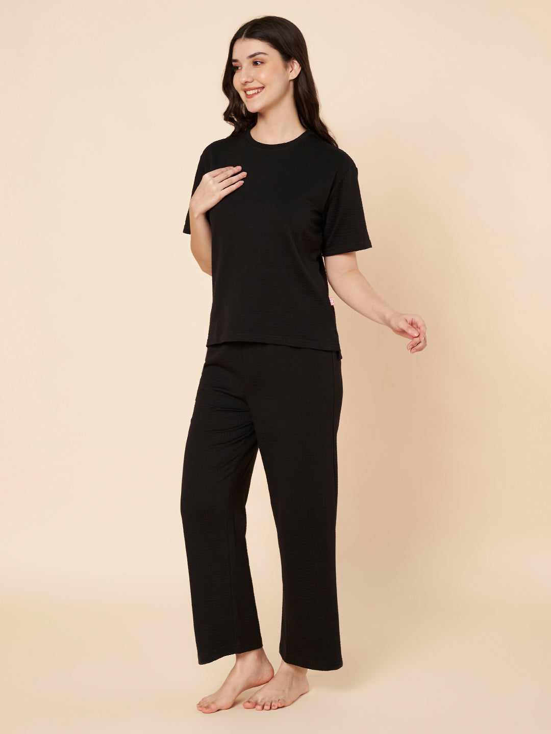 Women’s Black Cotton Loungewear Set – Drop Shoulder Top & Full-Length Pant
