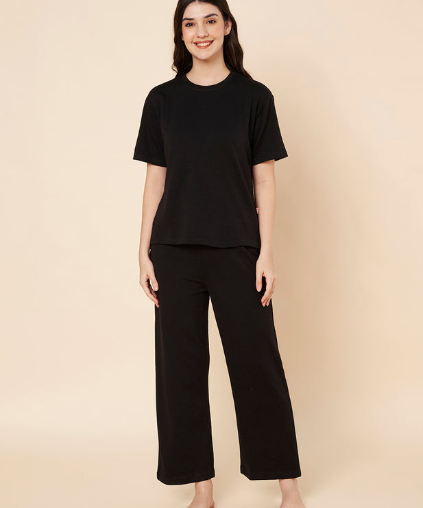 Women’s Black Cotton Loungewear Set – Drop Shoulder Top & Full-Length Pant