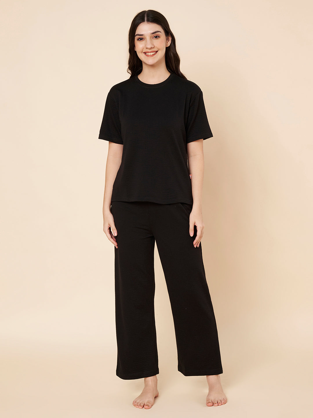 Women’s Black Cotton Loungewear Set – Drop Shoulder Top & Full-Length Pant