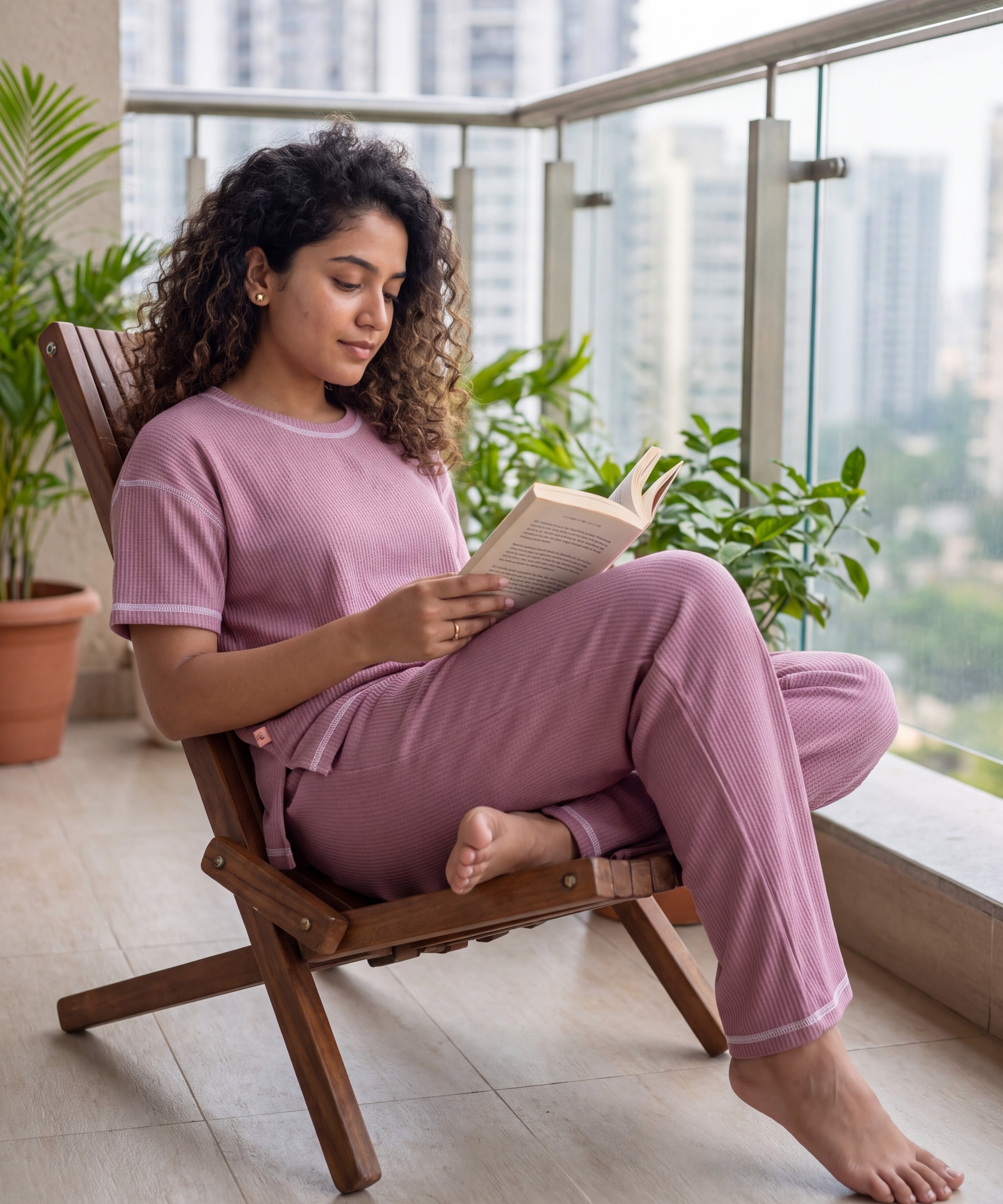 Rose Pink Drop Shoulder Textured Loungewear Set