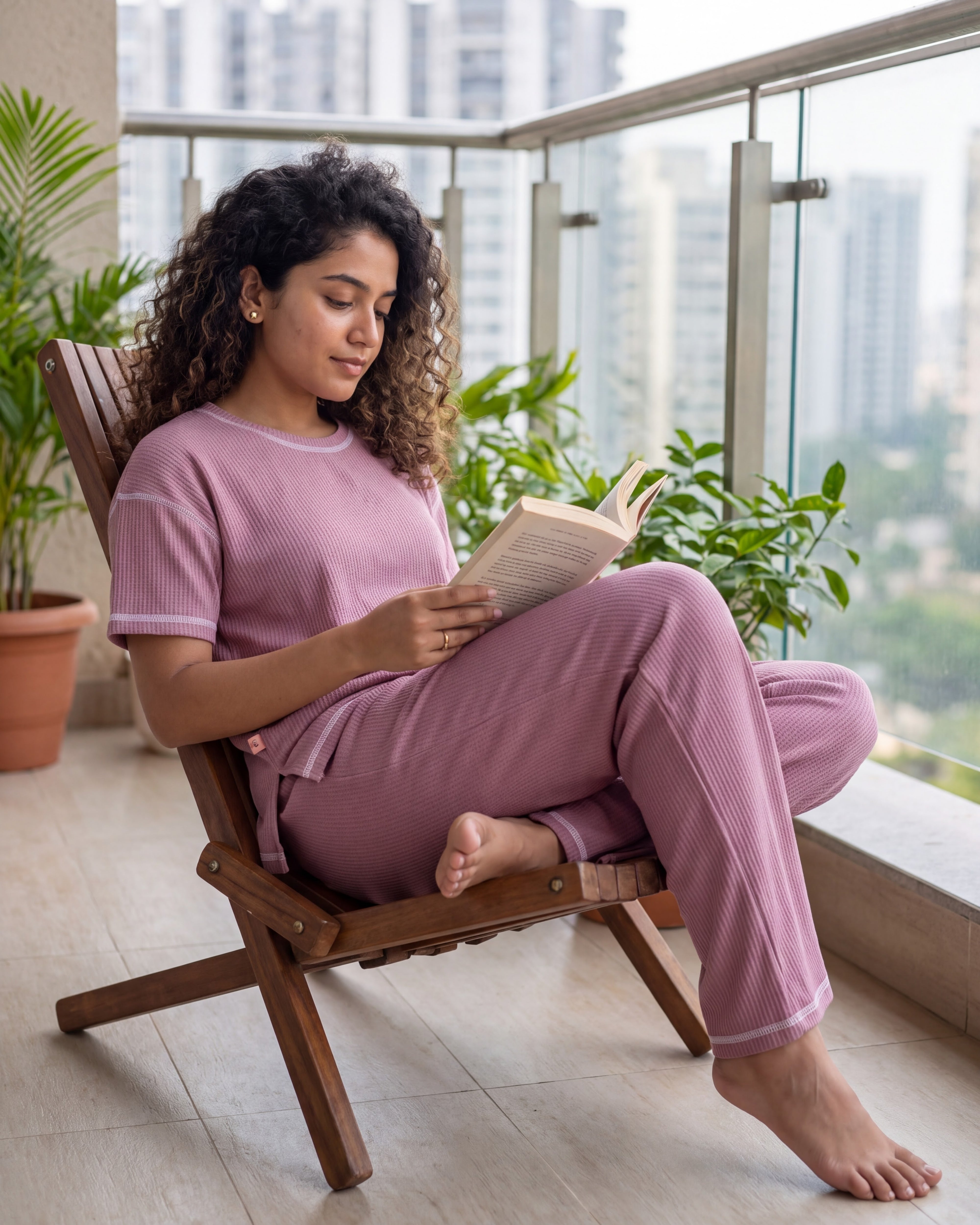 Rose Pink Drop Shoulder Textured Loungewear Set