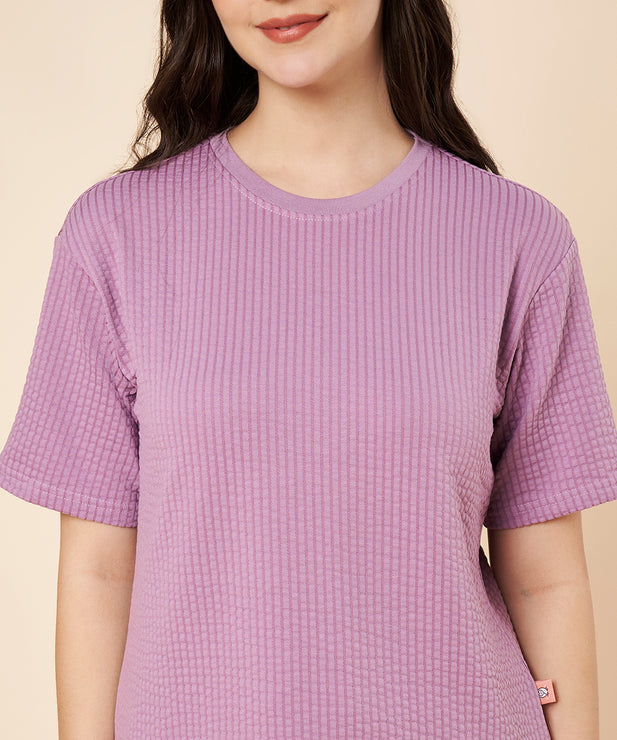 Women’s Lavender Ribbed Cotton Loungewear Set – Drop Shoulder Top & Full-Length Pants