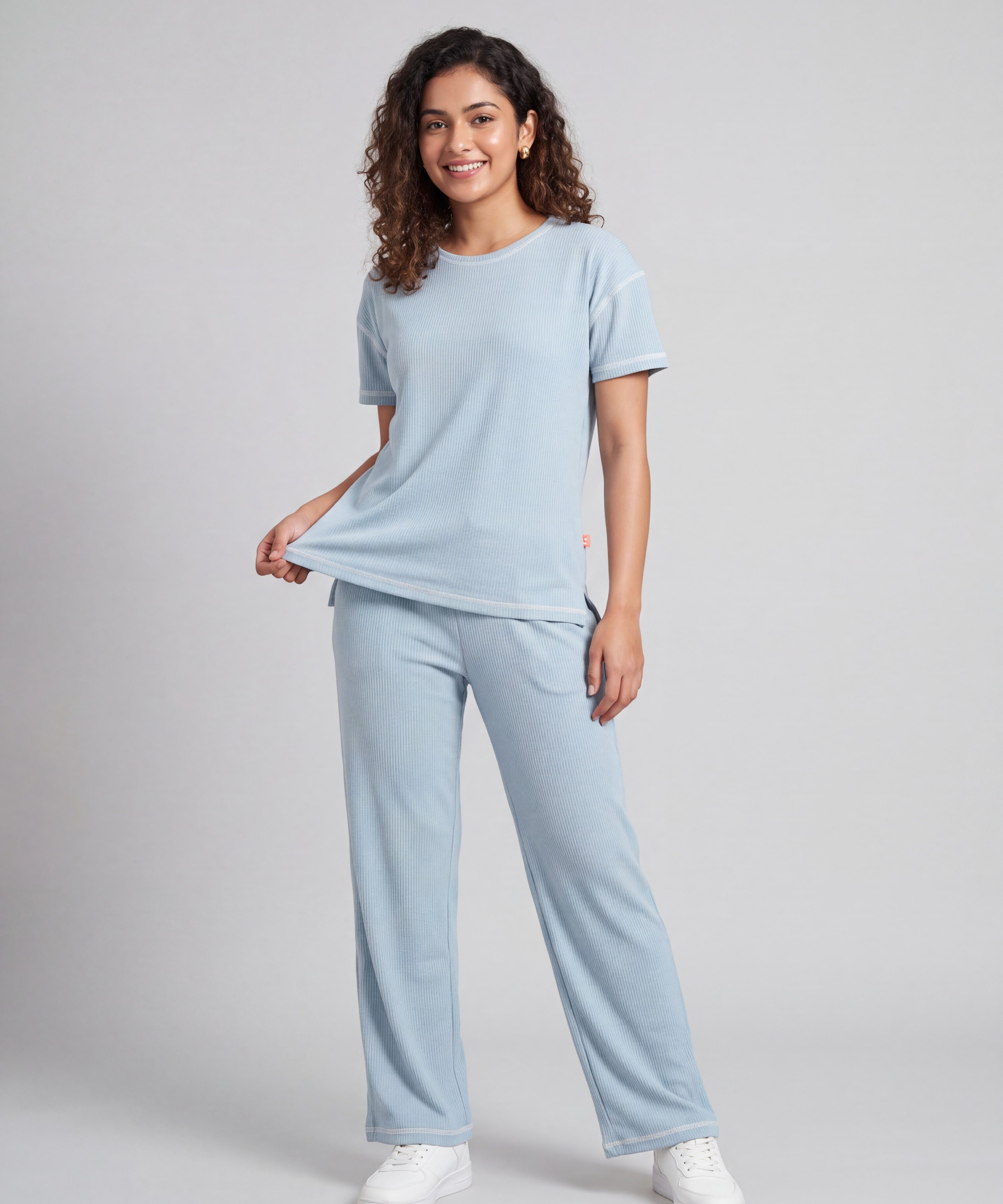 Powder Blue Drop Shoulder Textured Loungewear Set