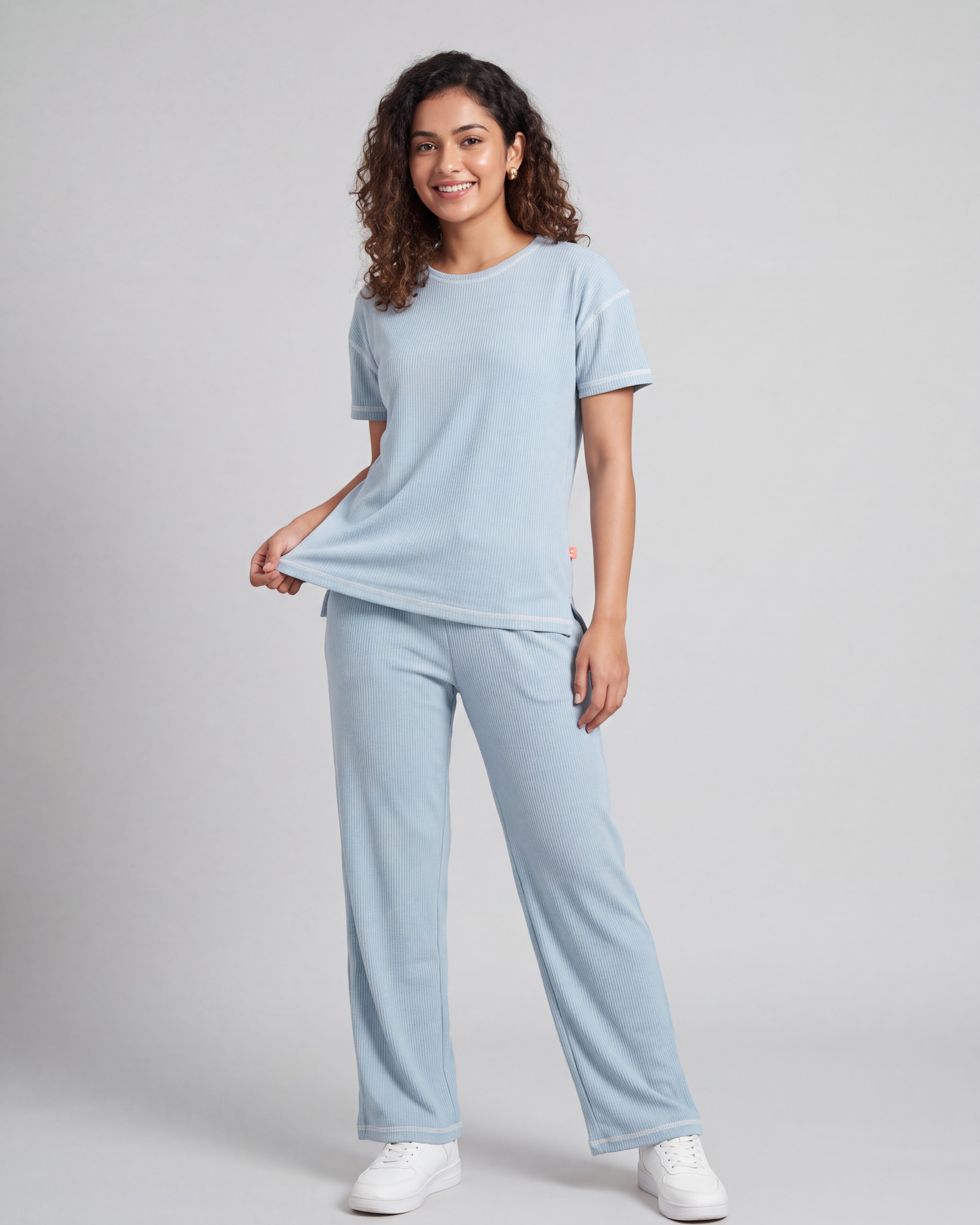 Powder Blue Drop Shoulder Textured Loungewear Set