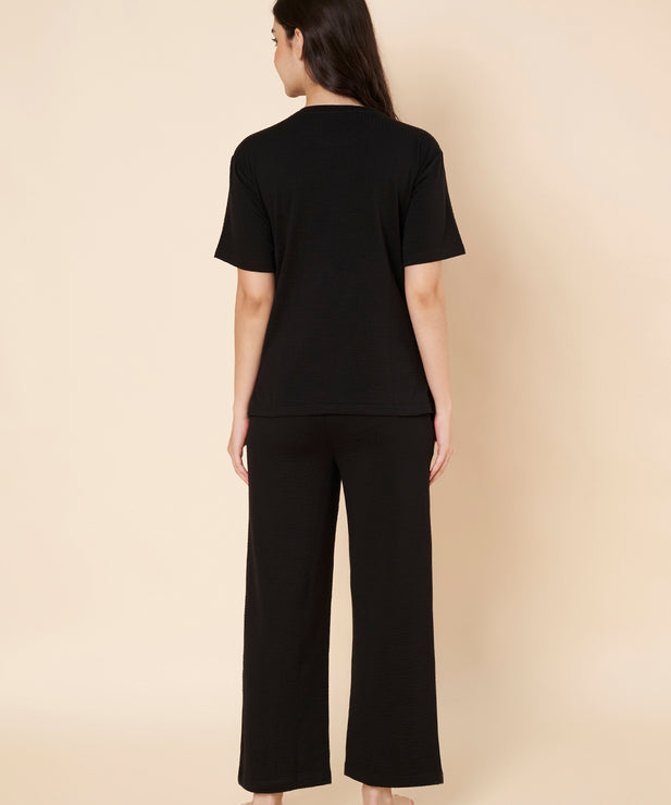 Women’s Black Cotton Loungewear Set – Drop Shoulder Top & Full-Length Pant