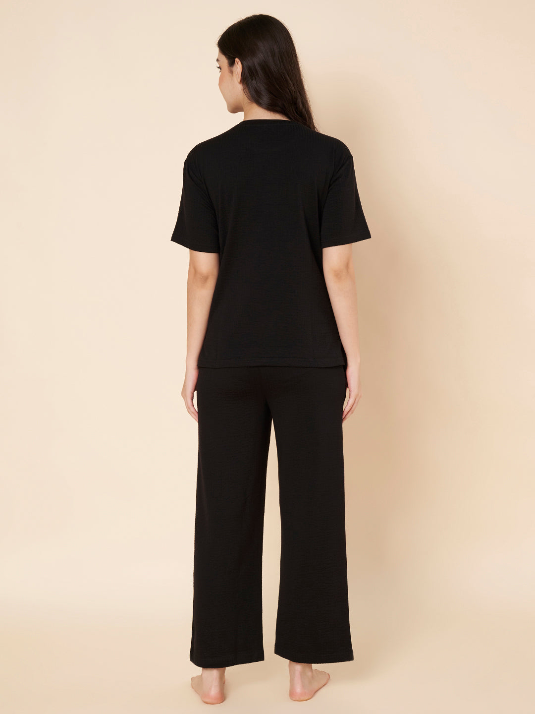 Women’s Black Cotton Loungewear Set – Drop Shoulder Top & Full-Length Pant