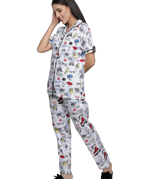 Womens Doodle Print Pure Cotton Nightwear Set-Limited Edition