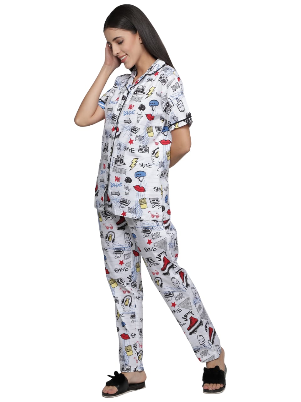 Womens Doodle Print Pure Cotton Nightwear Set-Limited Edition