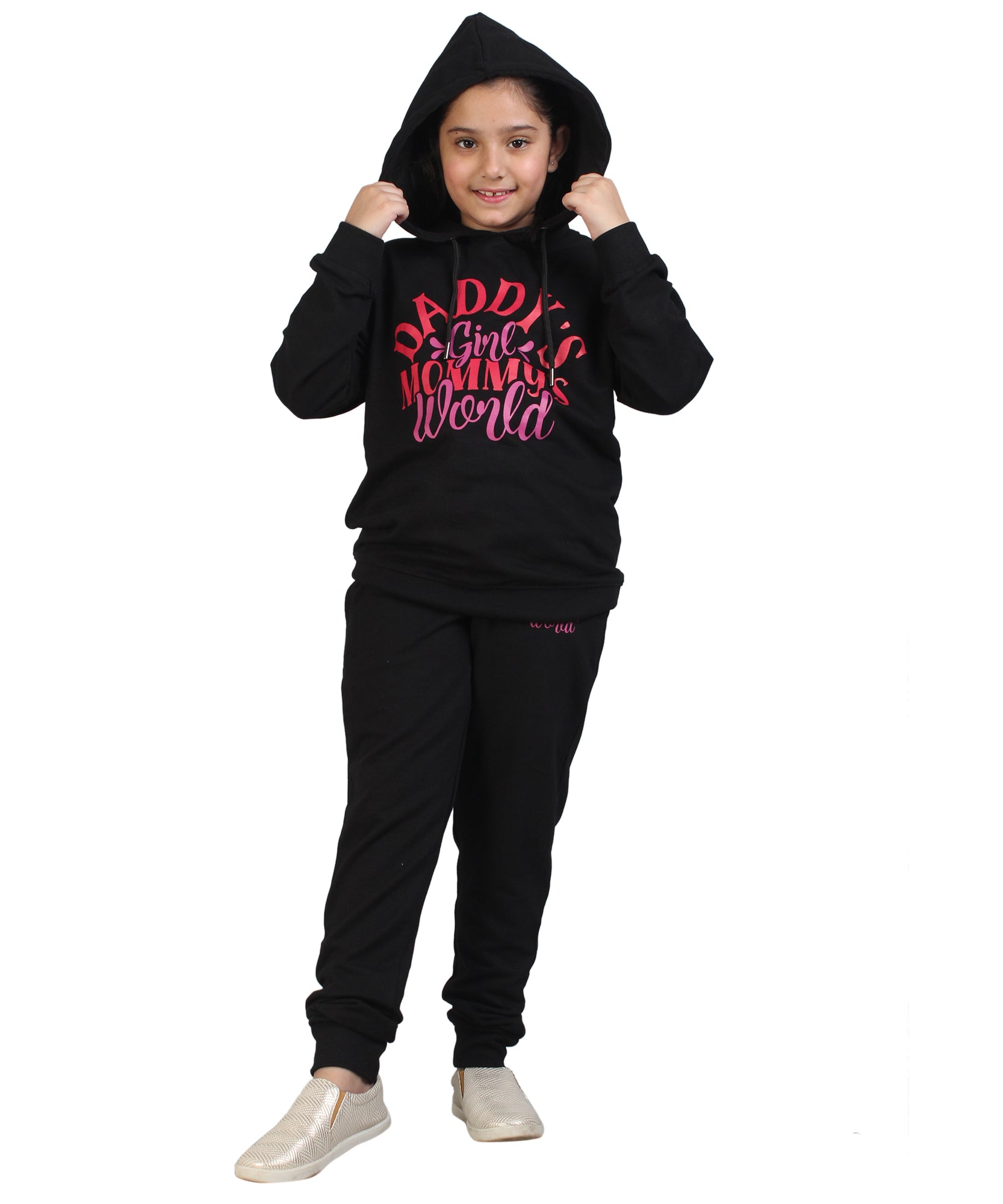 Kids' "Daddy's Girl Mommy's World" Black Hoodie Set - Adorable Family Matching Outfit