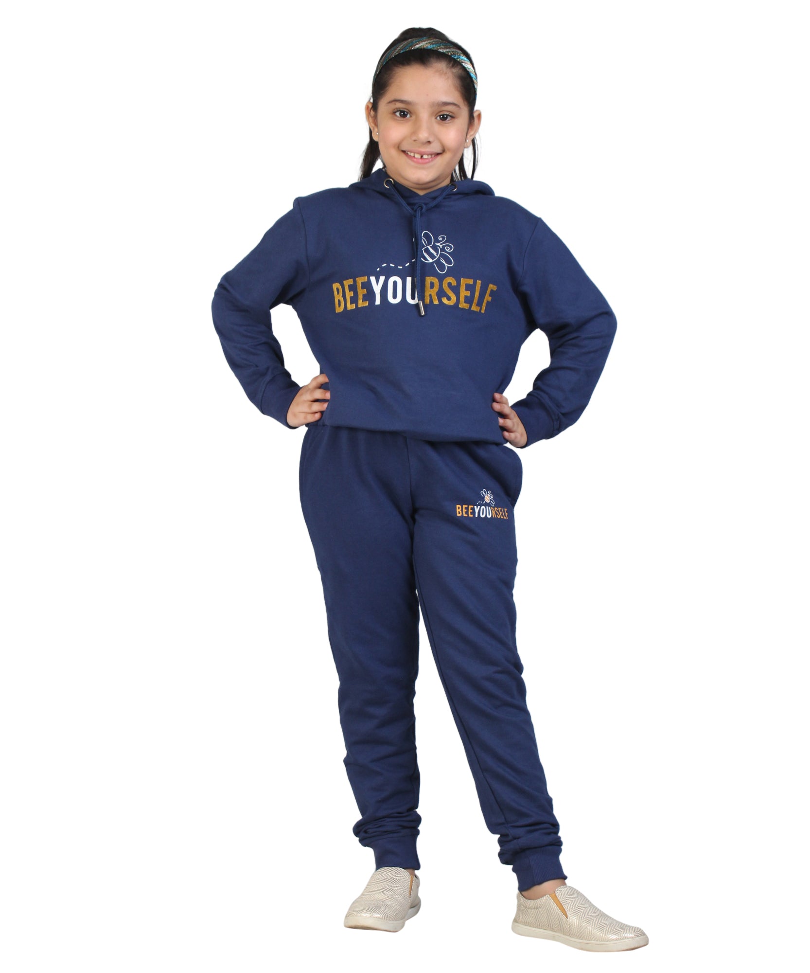 Kids' Navy Blue "Bee Yourself" Hoodie Set - Embrace Individuality in Style