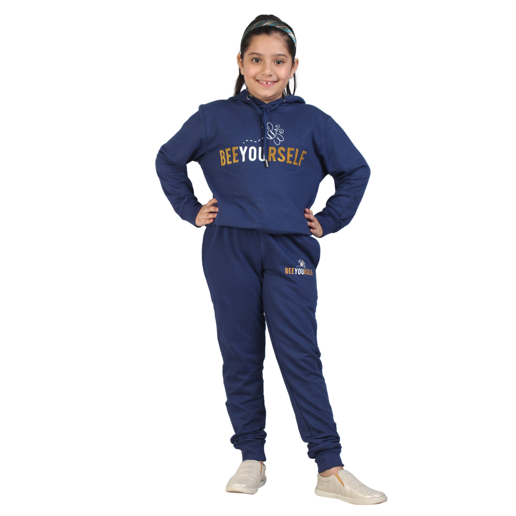 Kids' Navy Blue "Bee Yourself" Hoodie Set - Embrace Individuality in Style