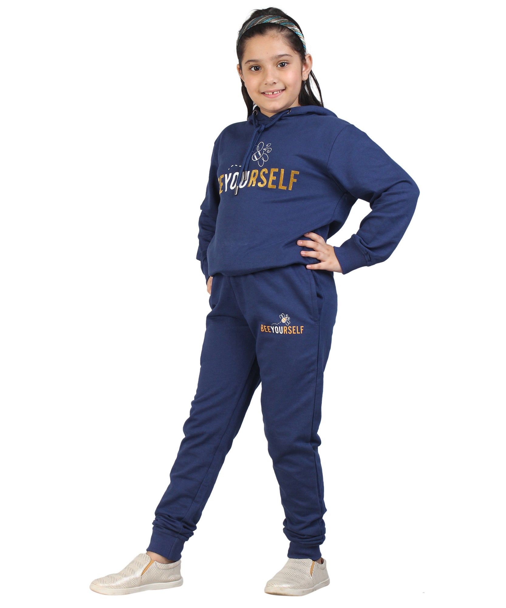 Kids' Navy Blue "Bee Yourself" Hoodie Set - Embrace Individuality in Style
