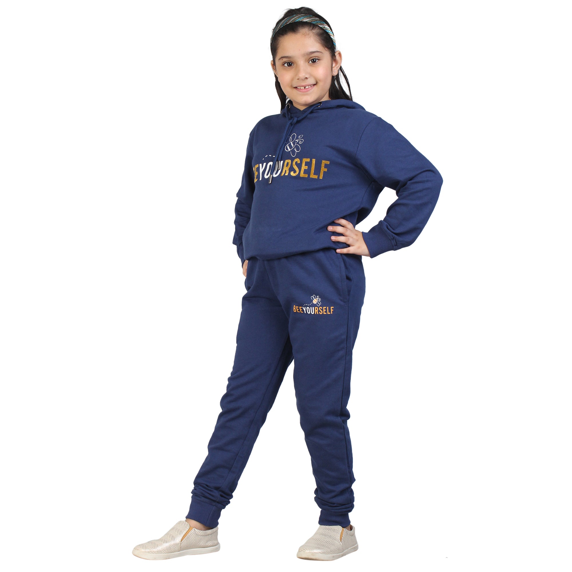 Kids' Navy Blue "Bee Yourself" Hoodie Set - Embrace Individuality in Style