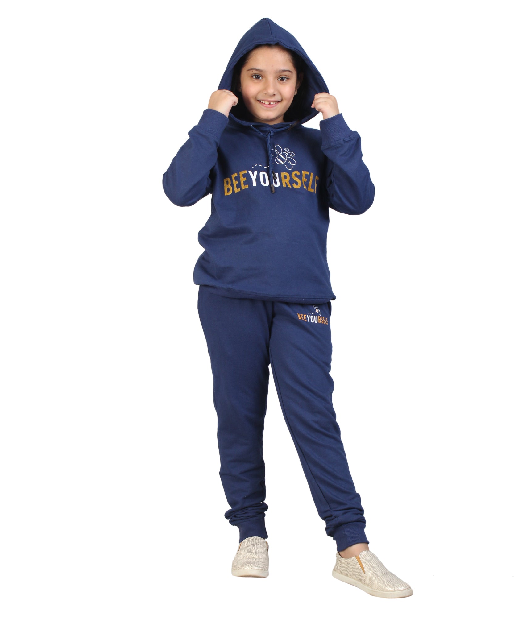 Kids' Navy Blue "Bee Yourself" Hoodie Set - Embrace Individuality in Style