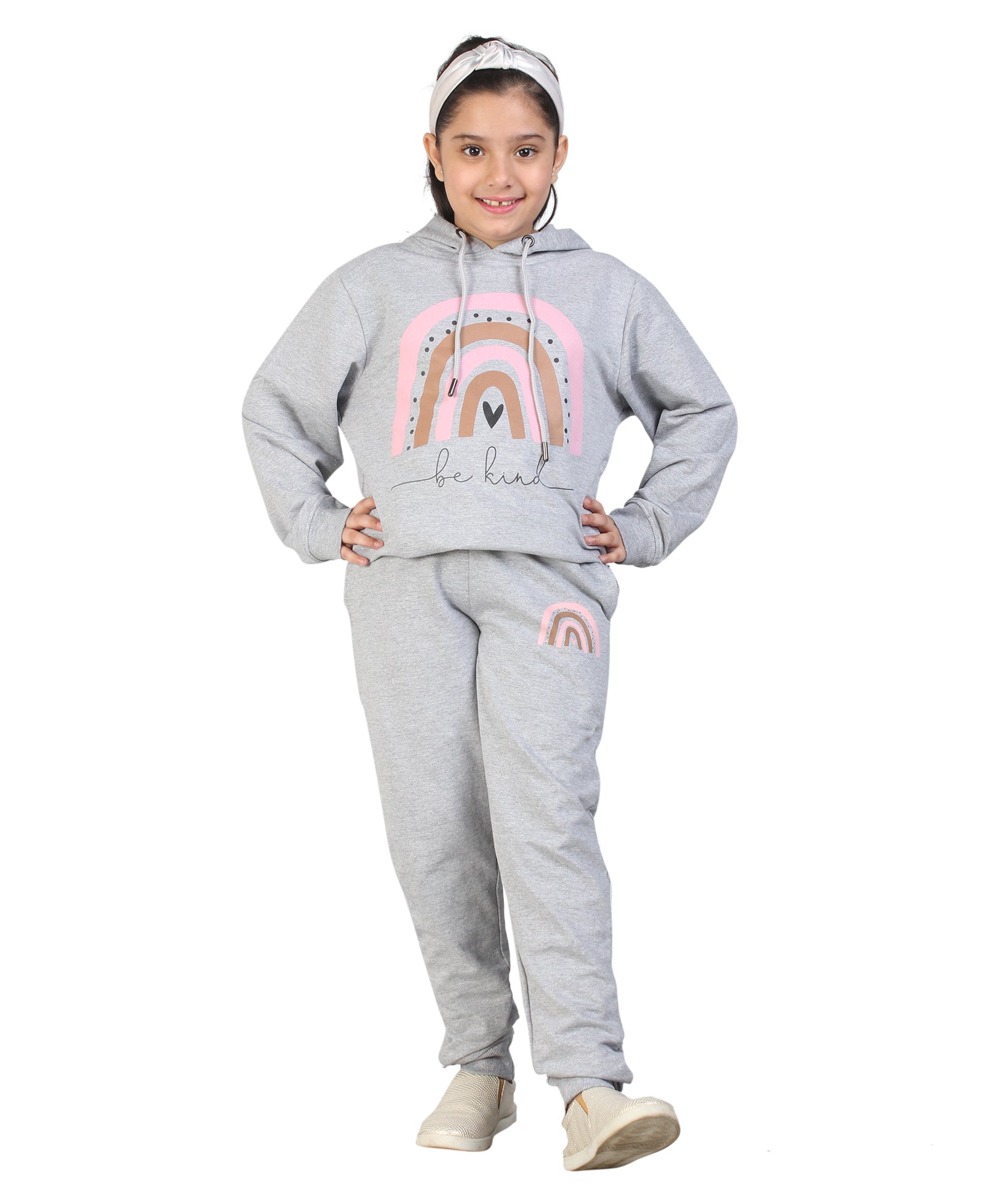 Kids' Melange Grey "Be Kind" Rainbow Hoodie Set - Spread Positivity in Style