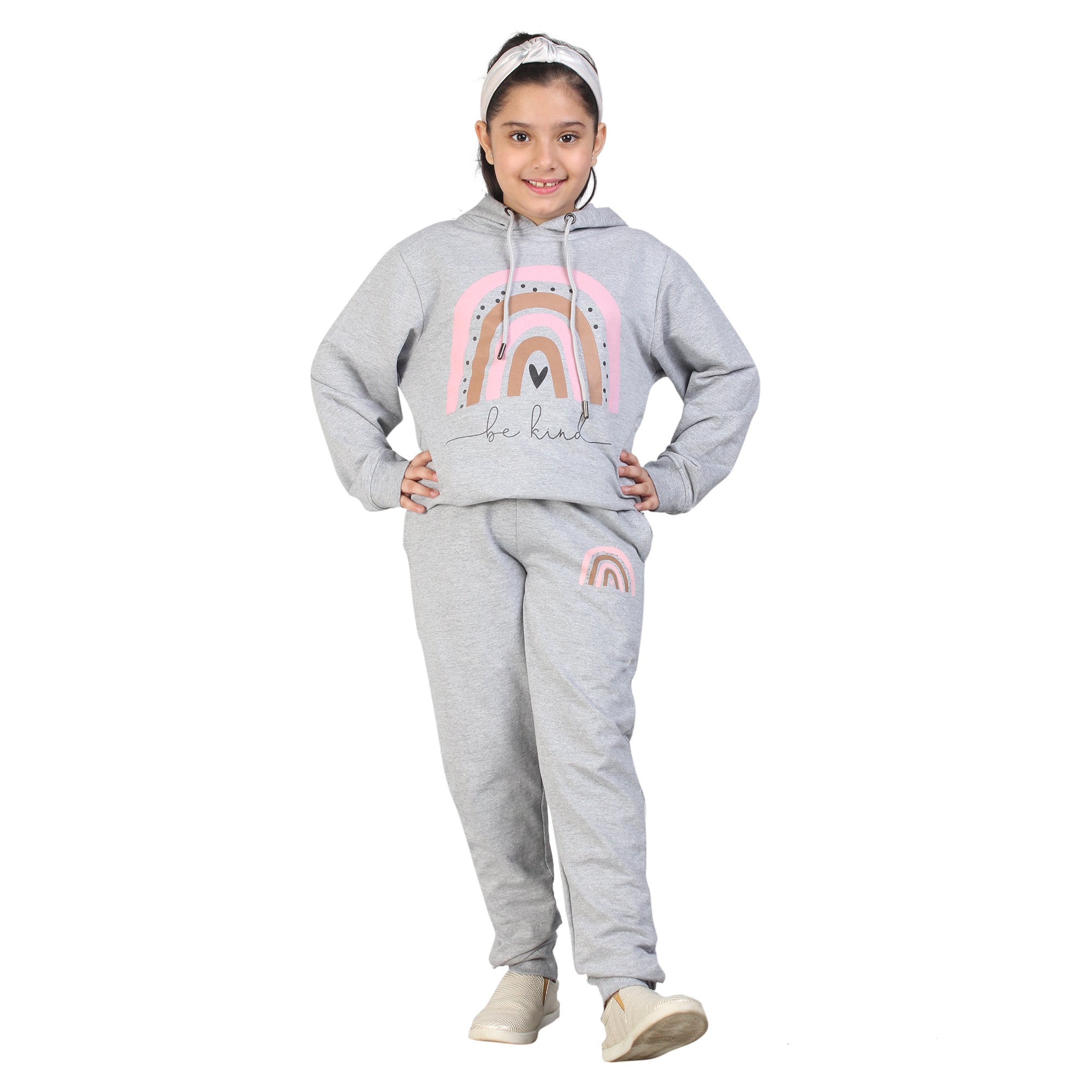 Kids' Melange Grey "Be Kind" Rainbow Hoodie Set - Spread Positivity in Style