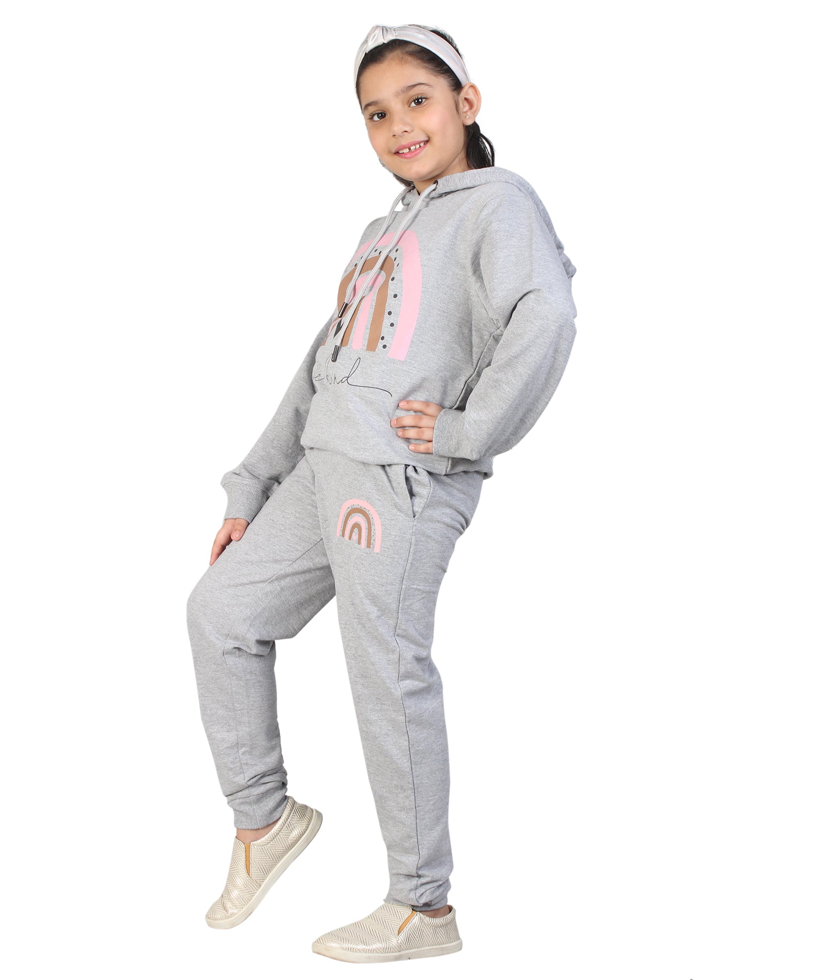 Kids' Melange Grey "Be Kind" Rainbow Hoodie Set - Spread Positivity in Style