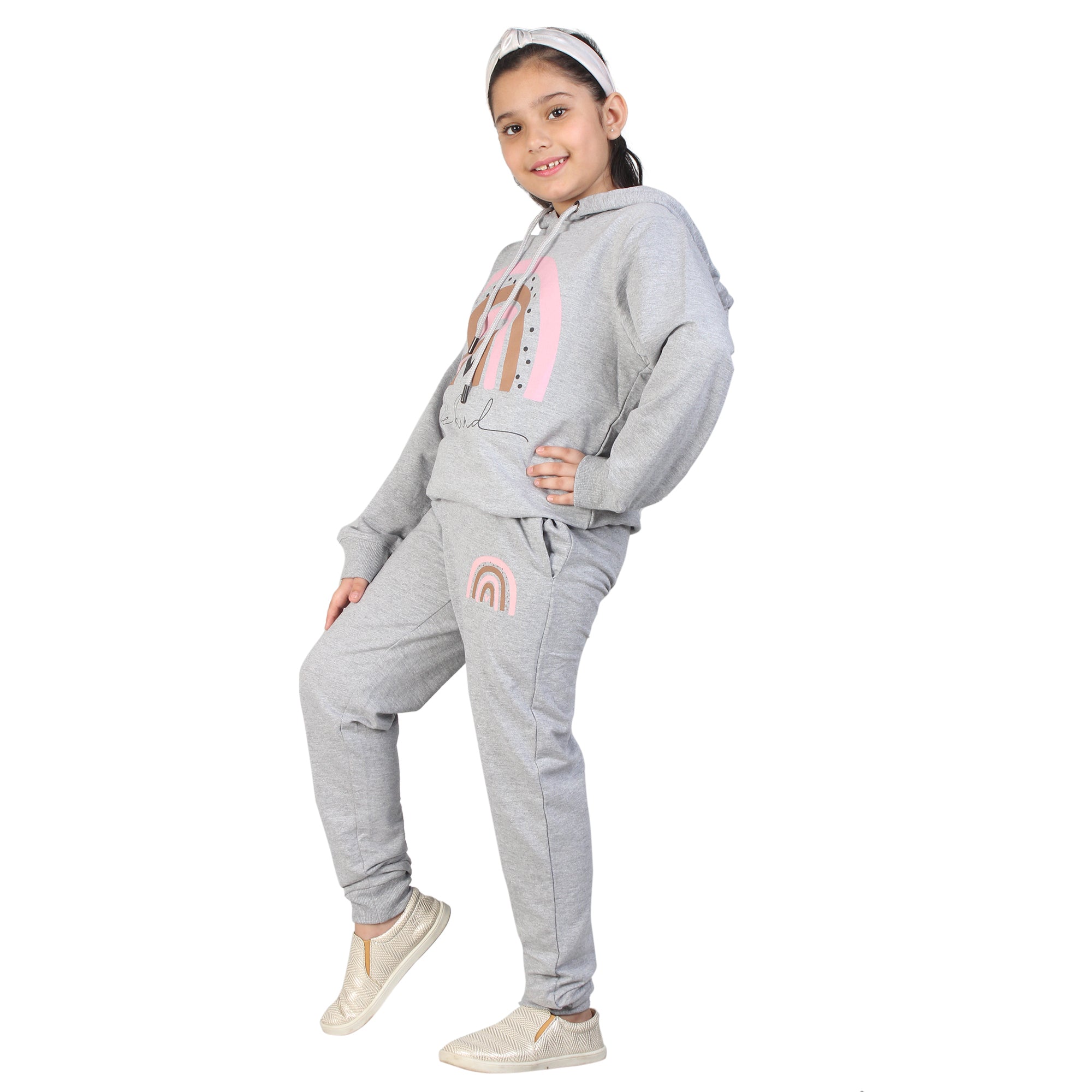 Kids' Melange Grey "Be Kind" Rainbow Hoodie Set - Spread Positivity in Style
