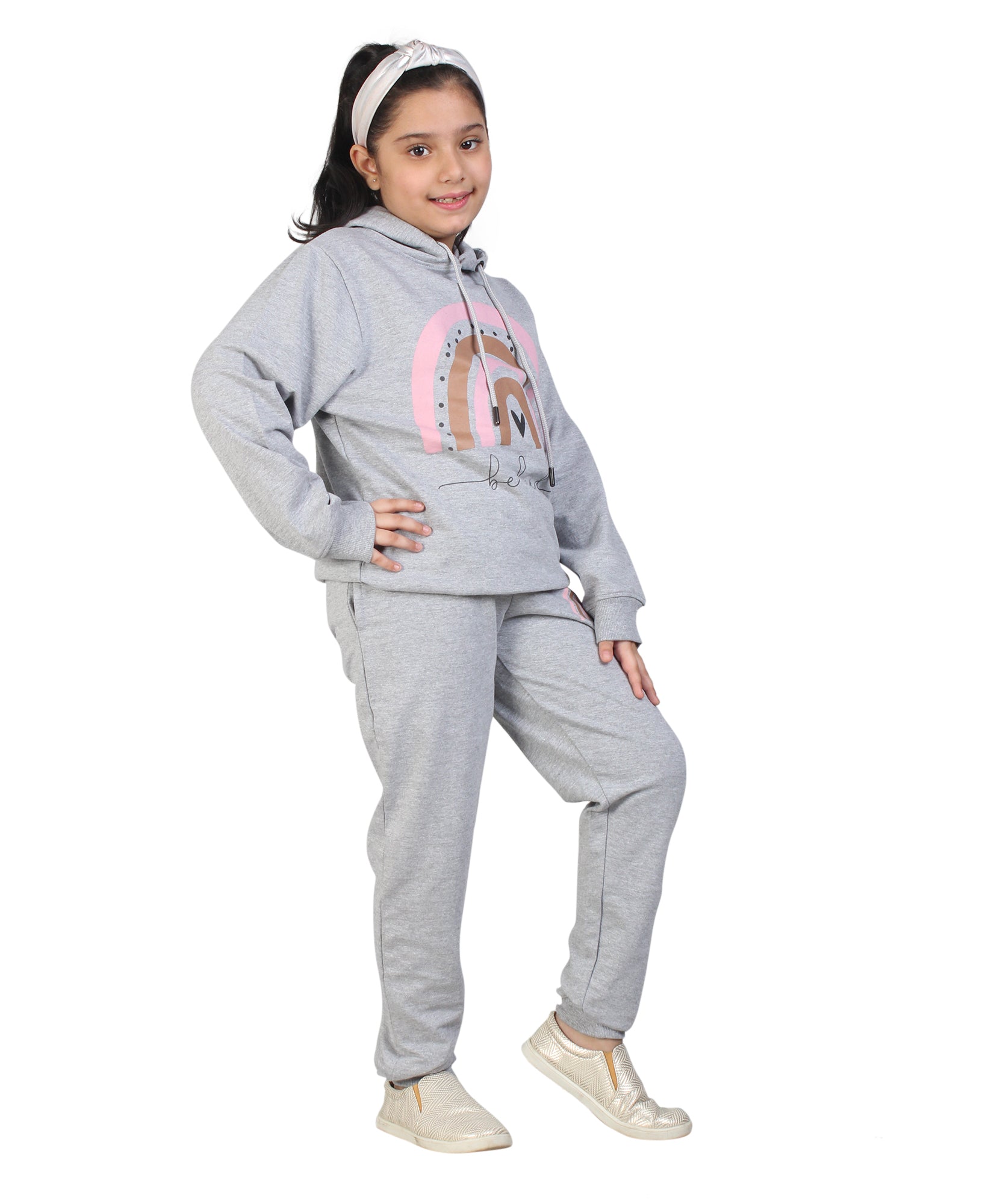 Kids' Melange Grey "Be Kind" Rainbow Hoodie Set - Spread Positivity in Style