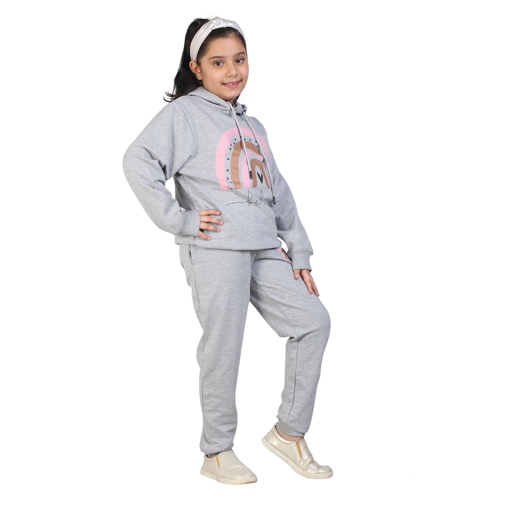 Kids' Melange Grey "Be Kind" Rainbow Hoodie Set - Spread Positivity in Style