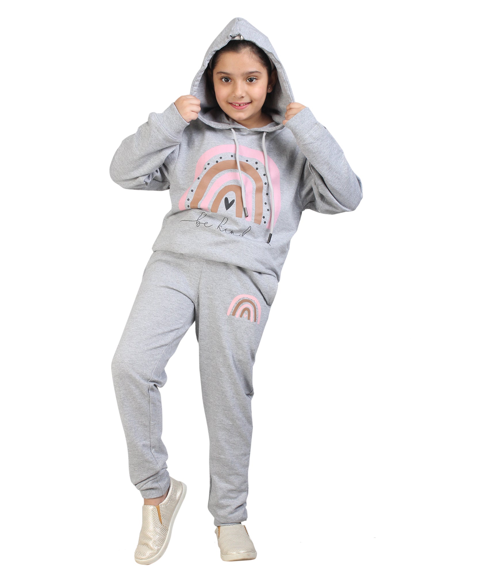Kids' Melange Grey "Be Kind" Rainbow Hoodie Set - Spread Positivity in Style