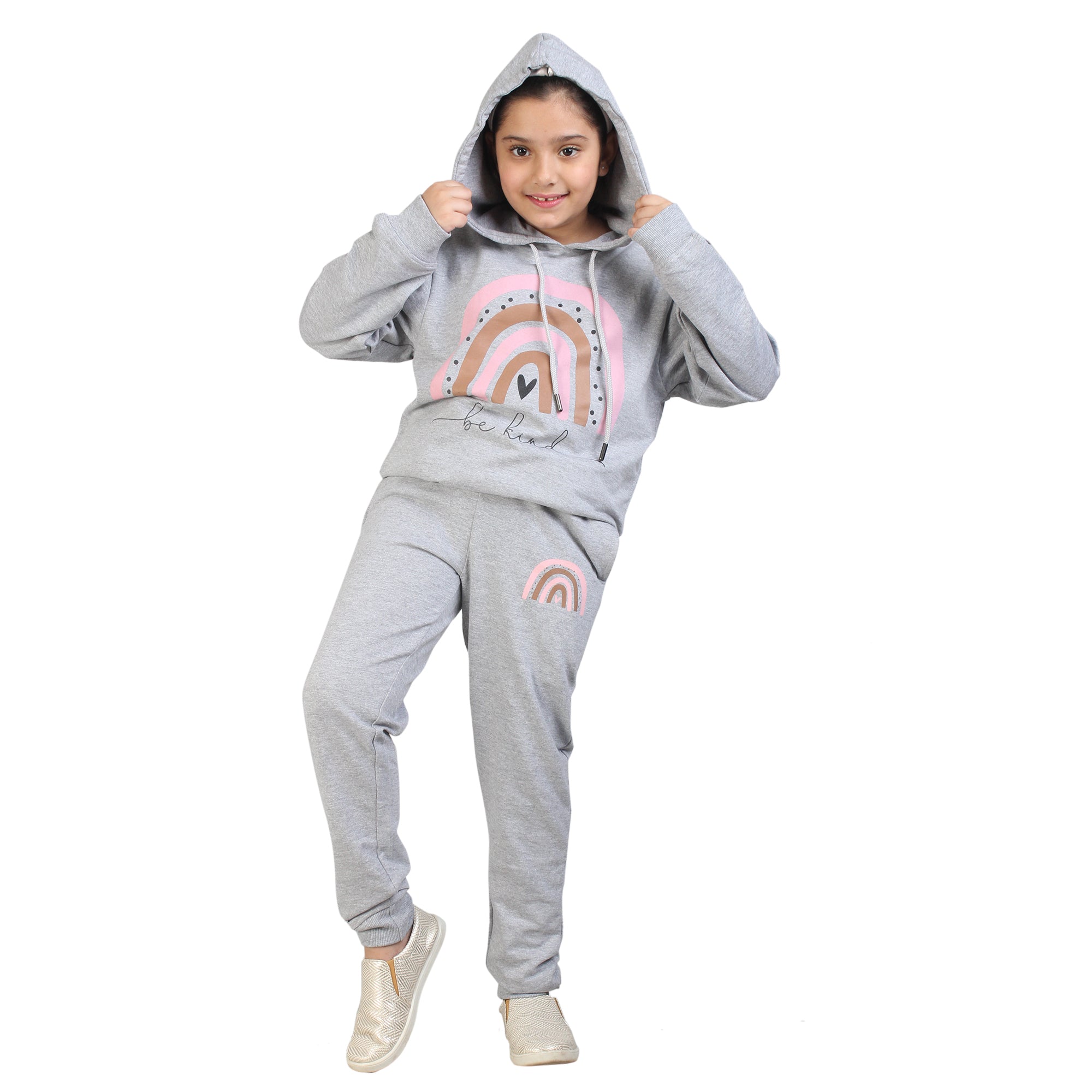 Kids' Melange Grey "Be Kind" Rainbow Hoodie Set - Spread Positivity in Style