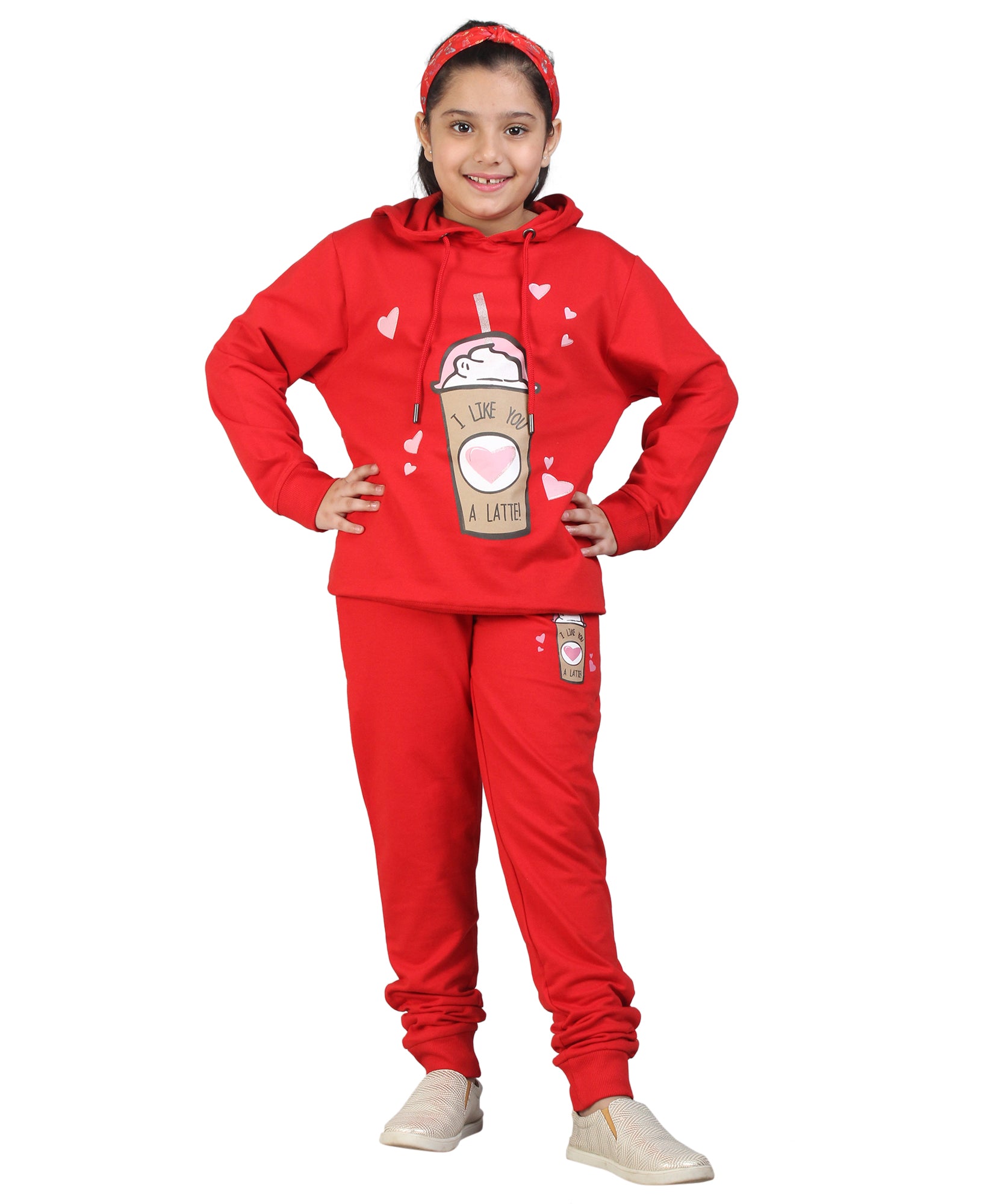 Kids' Tomato Red "I Like You a Latte" Hoodie Set - Adorable Matching Outfit