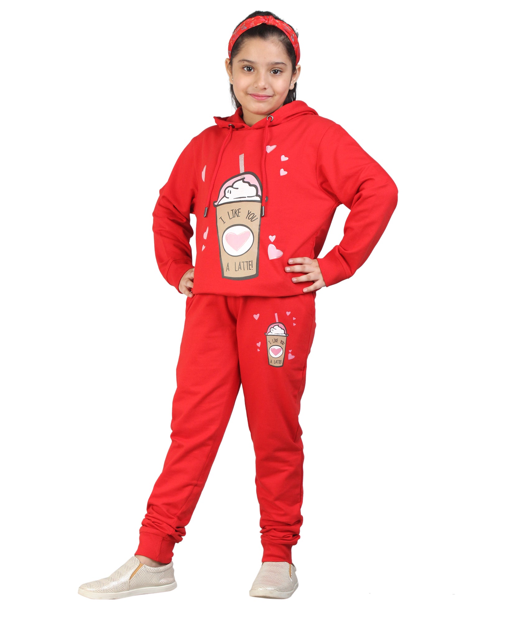 Kids' Tomato Red "I Like You a Latte" Hoodie Set - Adorable Matching Outfit