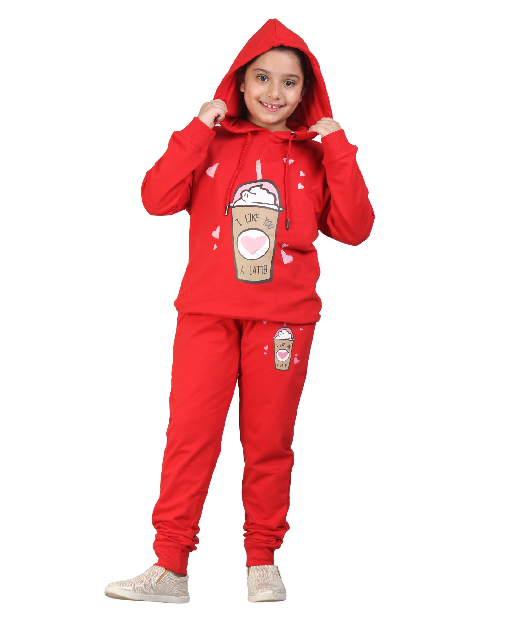Kids' Tomato Red "I Like You a Latte" Hoodie Set - Adorable Matching Outfit