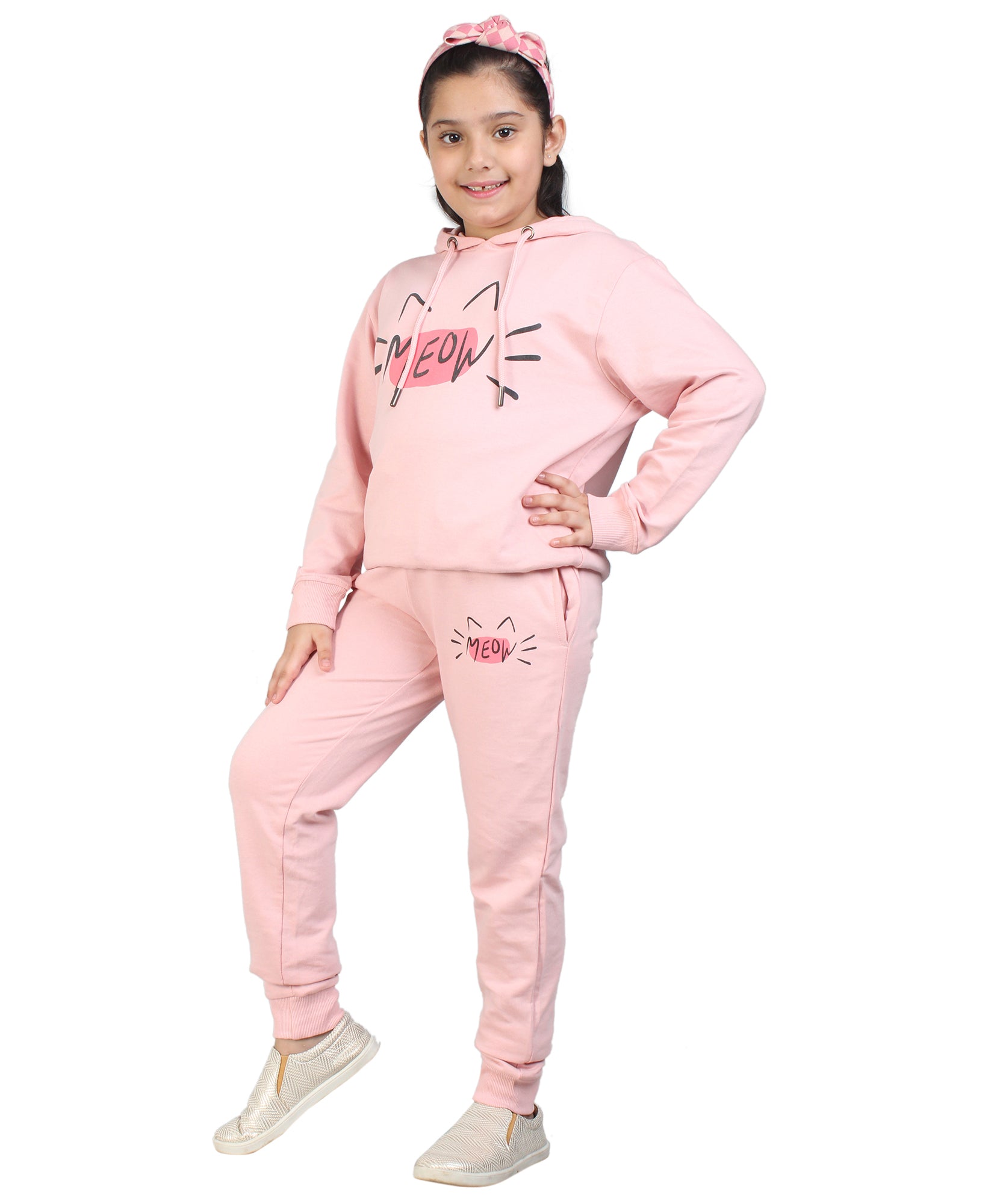 Kids' Pink "MEOW" Hoodie Set - Playful Cuteness in Style