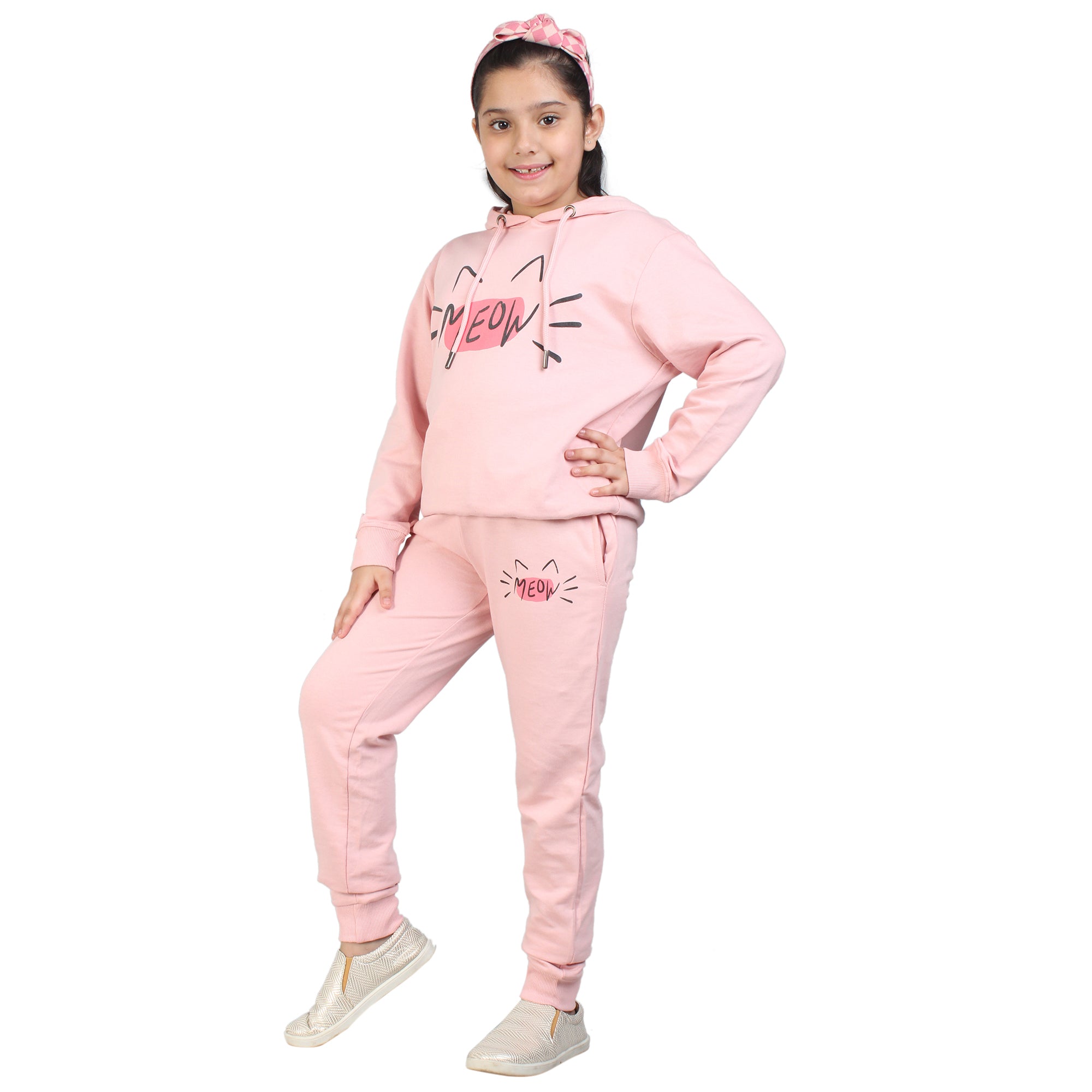 Kids' Pink "MEOW" Hoodie Set - Playful Cuteness in Style