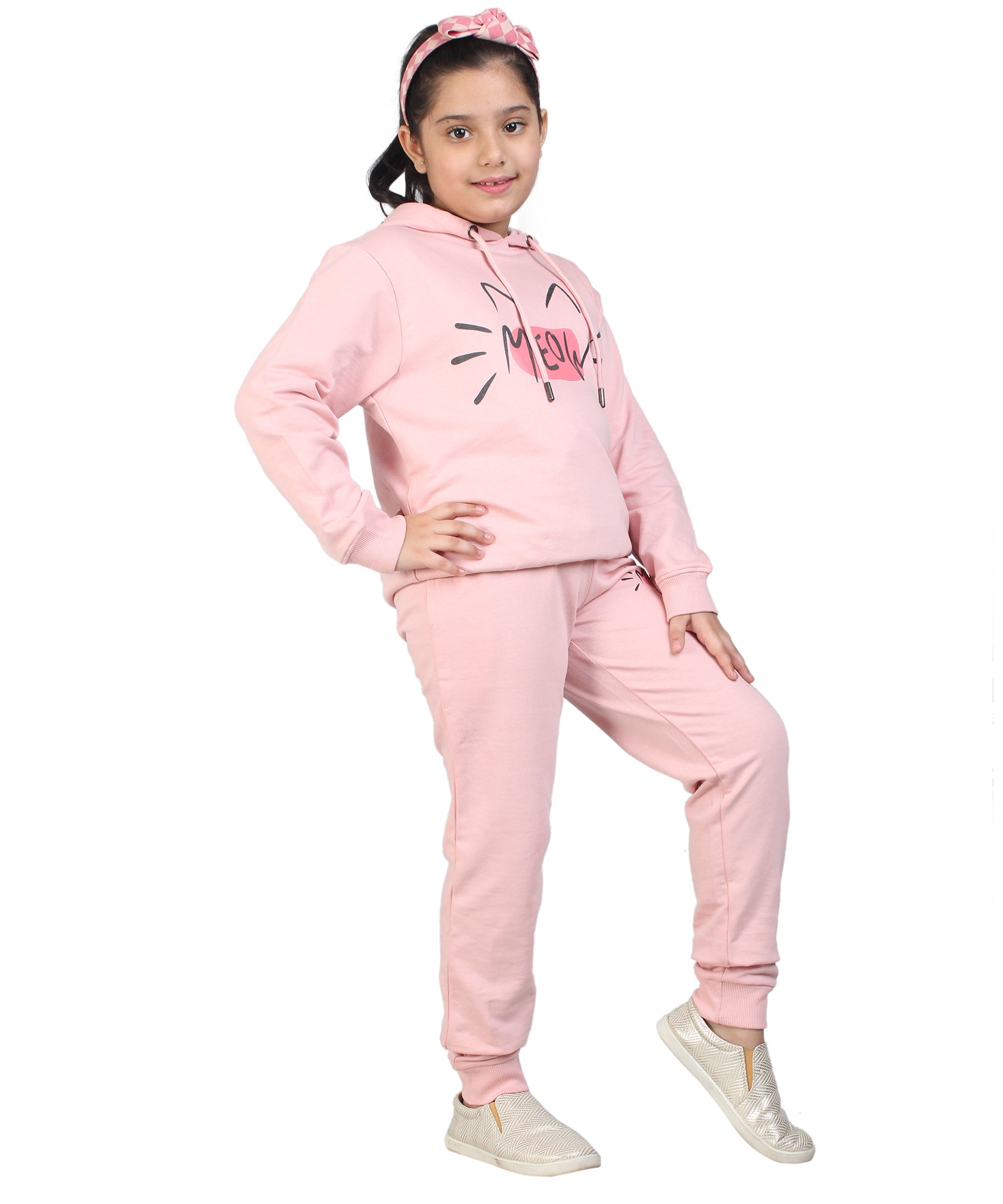 Kids' Pink "MEOW" Hoodie Set - Playful Cuteness in Style
