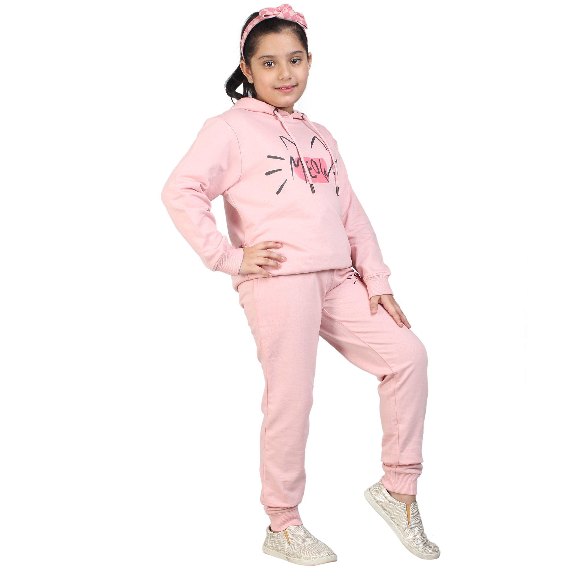 Kids' Pink "MEOW" Hoodie Set - Playful Cuteness in Style