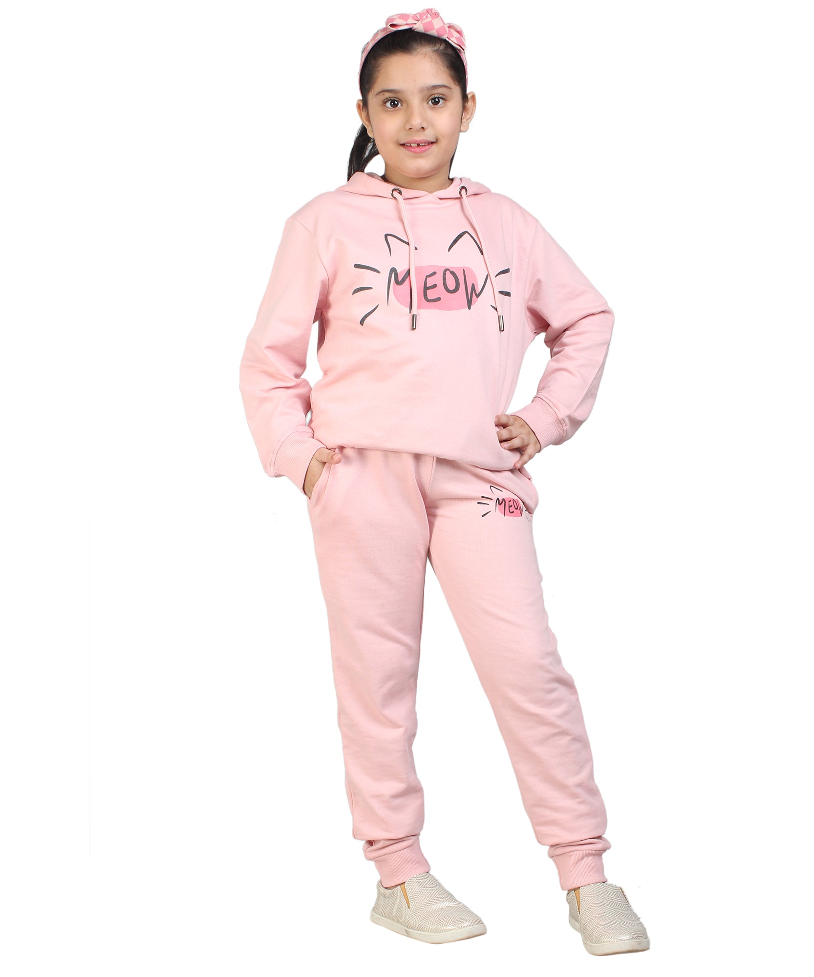 Kids' Pink "MEOW" Hoodie Set - Playful Cuteness in Style