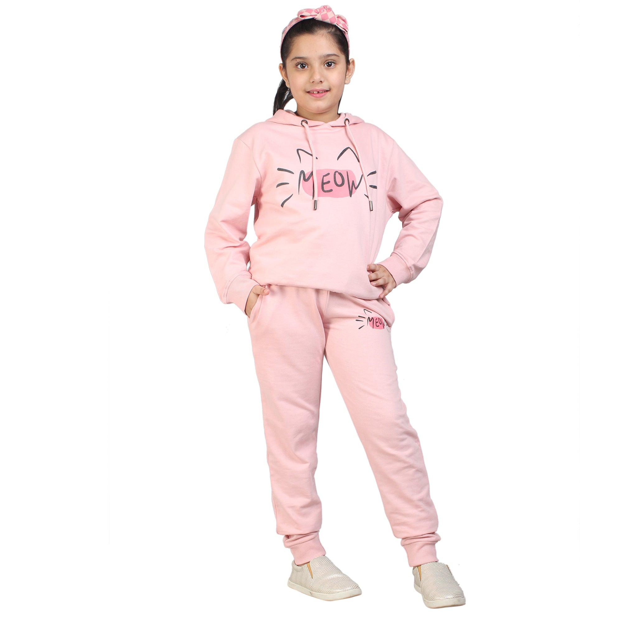 Kids' Pink "MEOW" Hoodie Set - Playful Cuteness in Style
