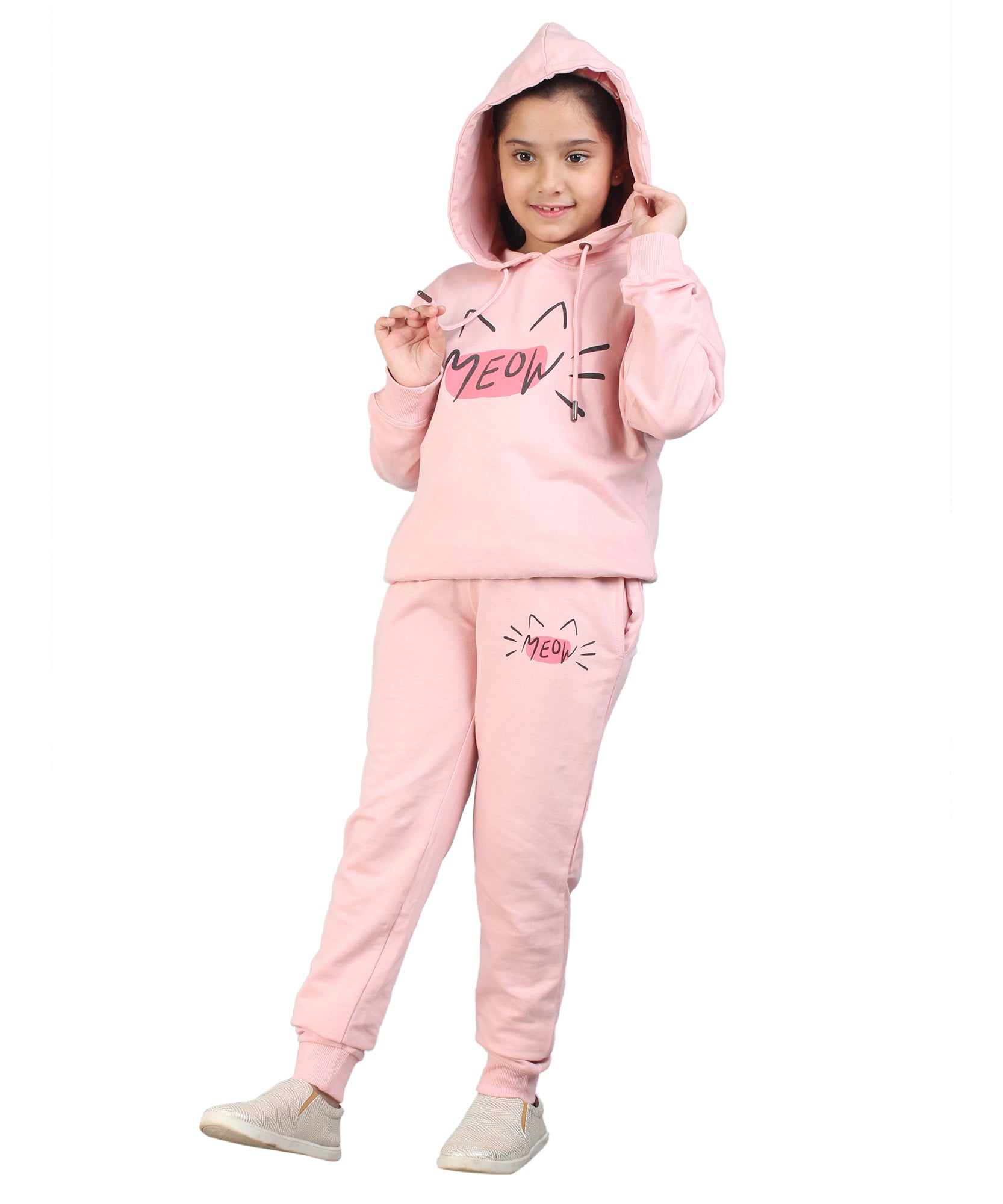 Kids' Pink "MEOW" Hoodie Set - Playful Cuteness in Style