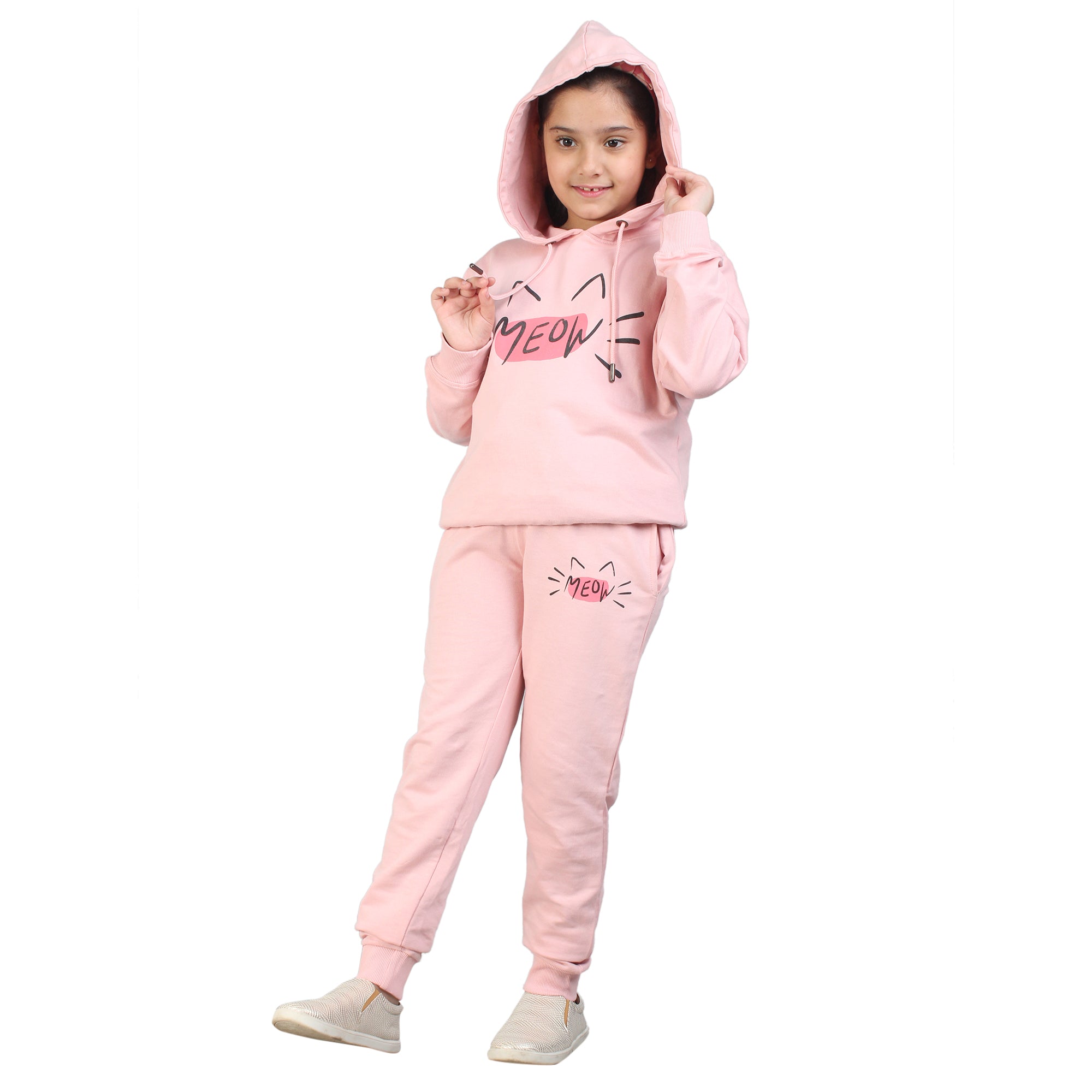 Kids' Pink "MEOW" Hoodie Set - Playful Cuteness in Style