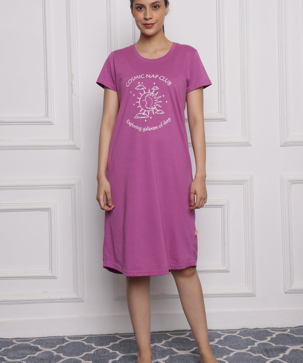 Women's Cotton Nightdress – Cosmic Nap Club Print | Relaxed Fit Sleepwear – Magenta